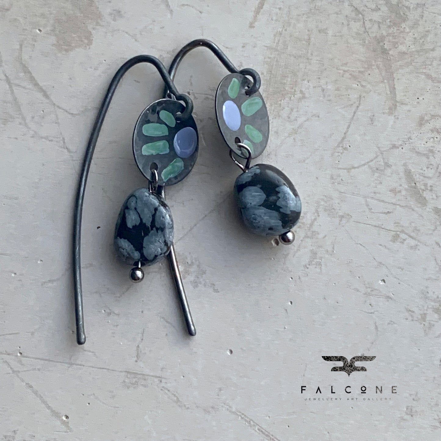 Silver earrings with obsidians 'Dalmatians in Negative - heather and green'