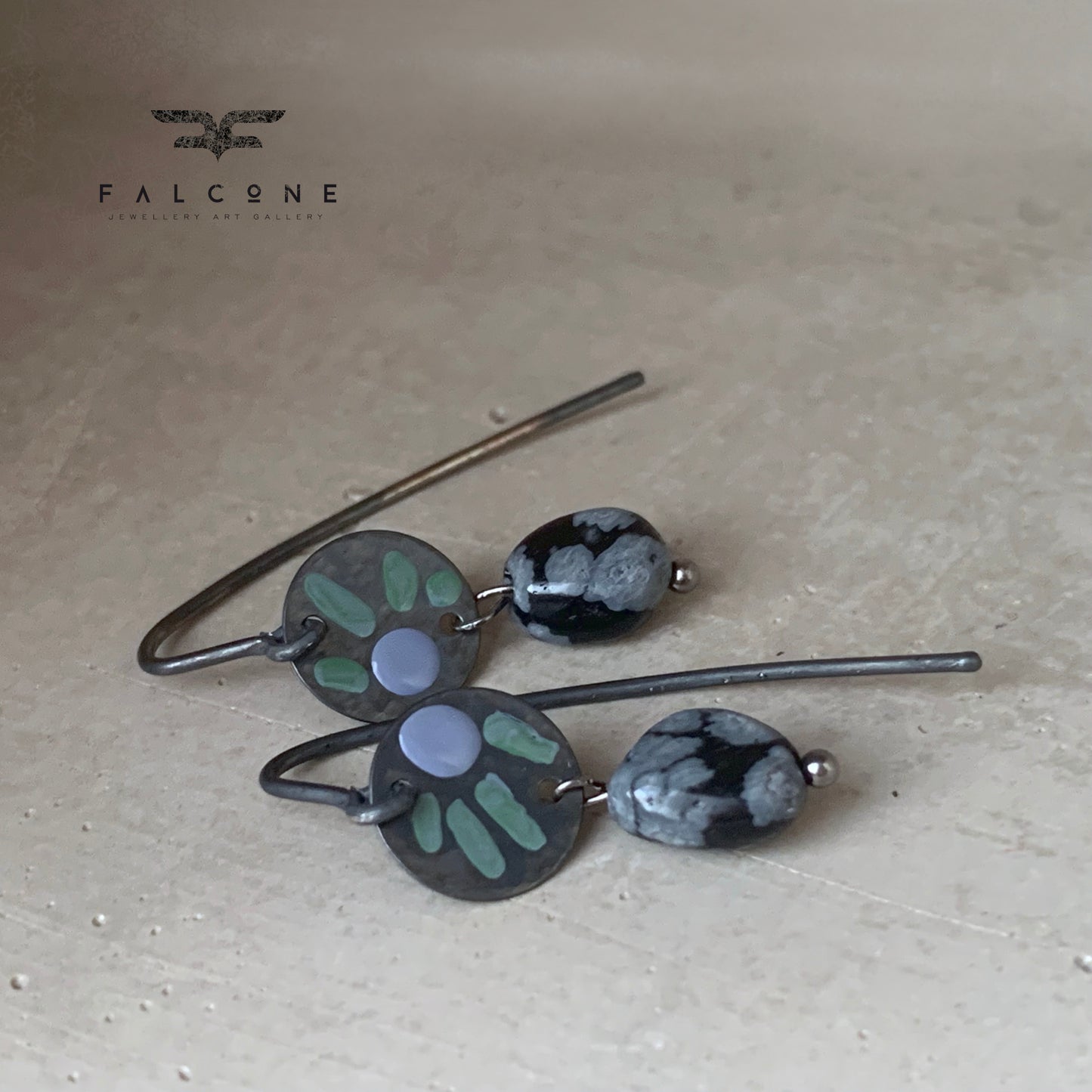 Silver earrings with obsidians 'Dalmatians in Negative - heather and green'