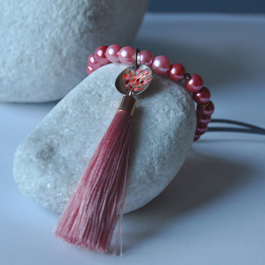 Long necklace with glass pearls and forged and enameled copper pendant 'Powder Pink with Tassel'