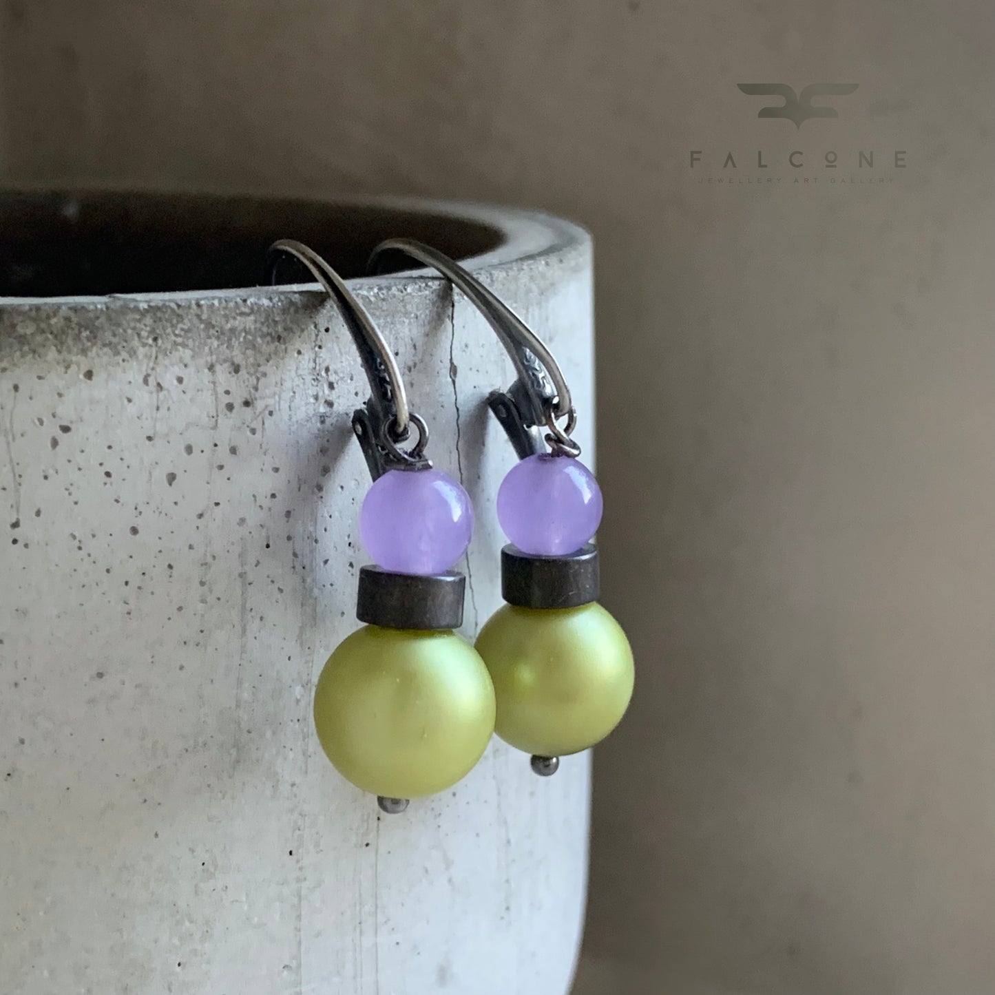 Jade, Glass, Brass and Sterling Silver Earrings 'Lavender & Pistachio'
