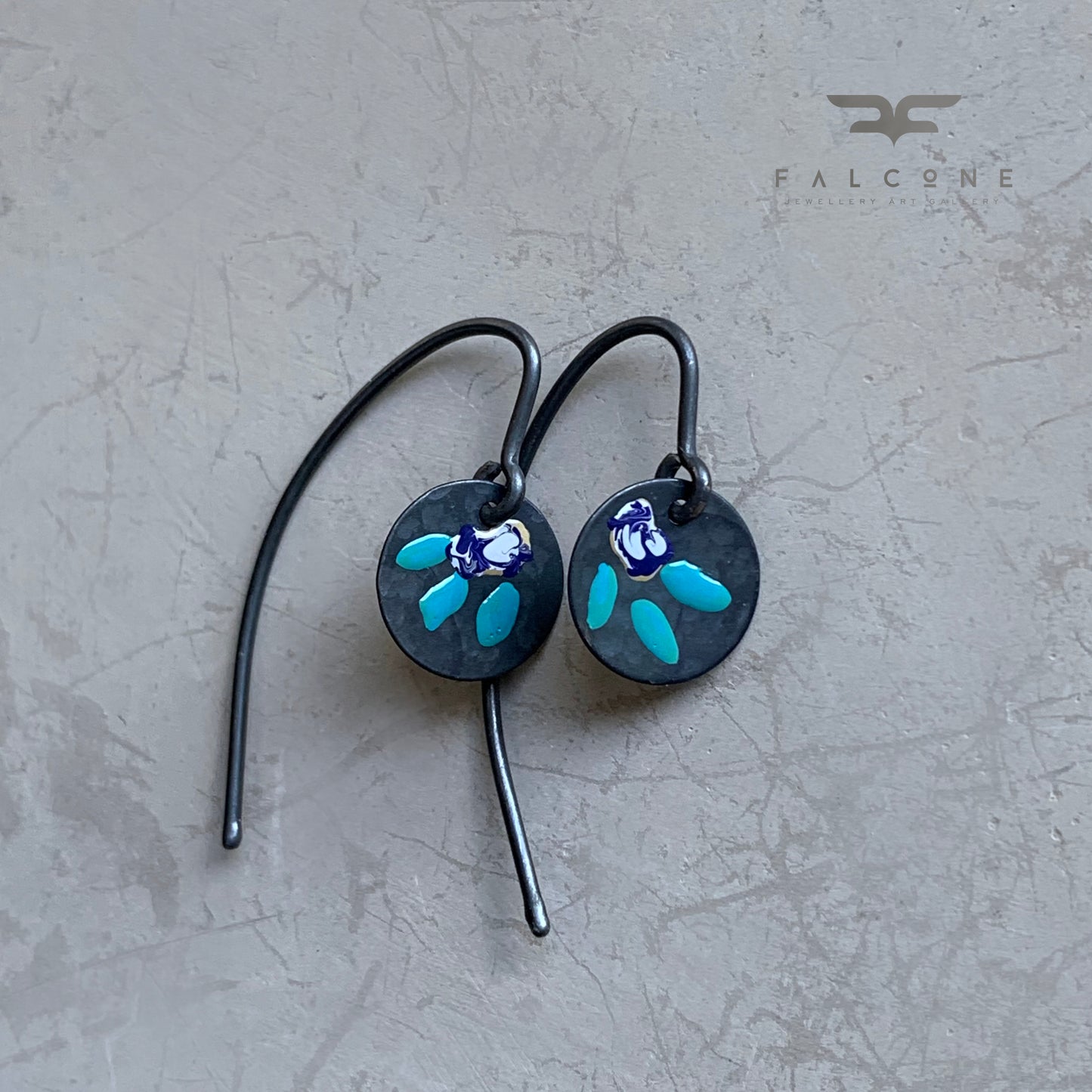 Enamelled Silver Earrings 'Field Flowers – Navy Blue With Milk & Turquoise'