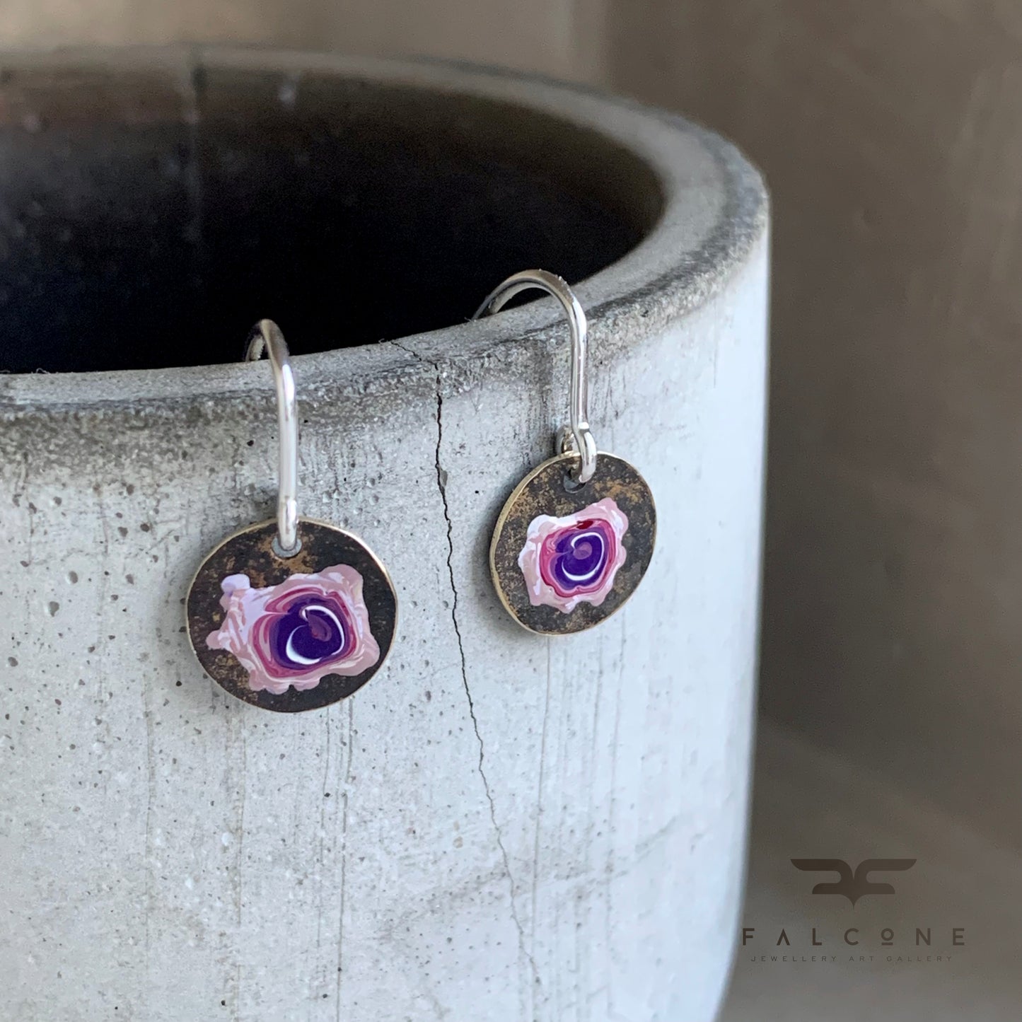 Brass and Sterling Silver Earrings 'Field Flowers - Rose with White & Purple'
