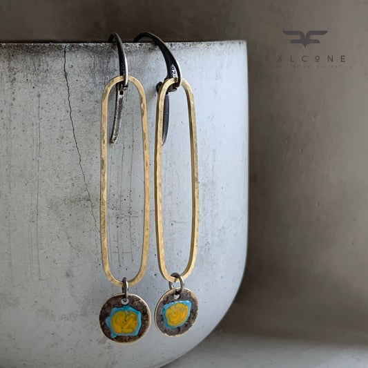 Brass and Sterling Silver Earrings 'Wildflowers - Turquoise and Ochre in Gold'