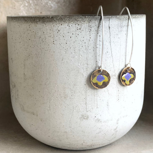 Brass and Sterling Silver Earrings 'Field Flowers - Dusty Purple & Mustard'