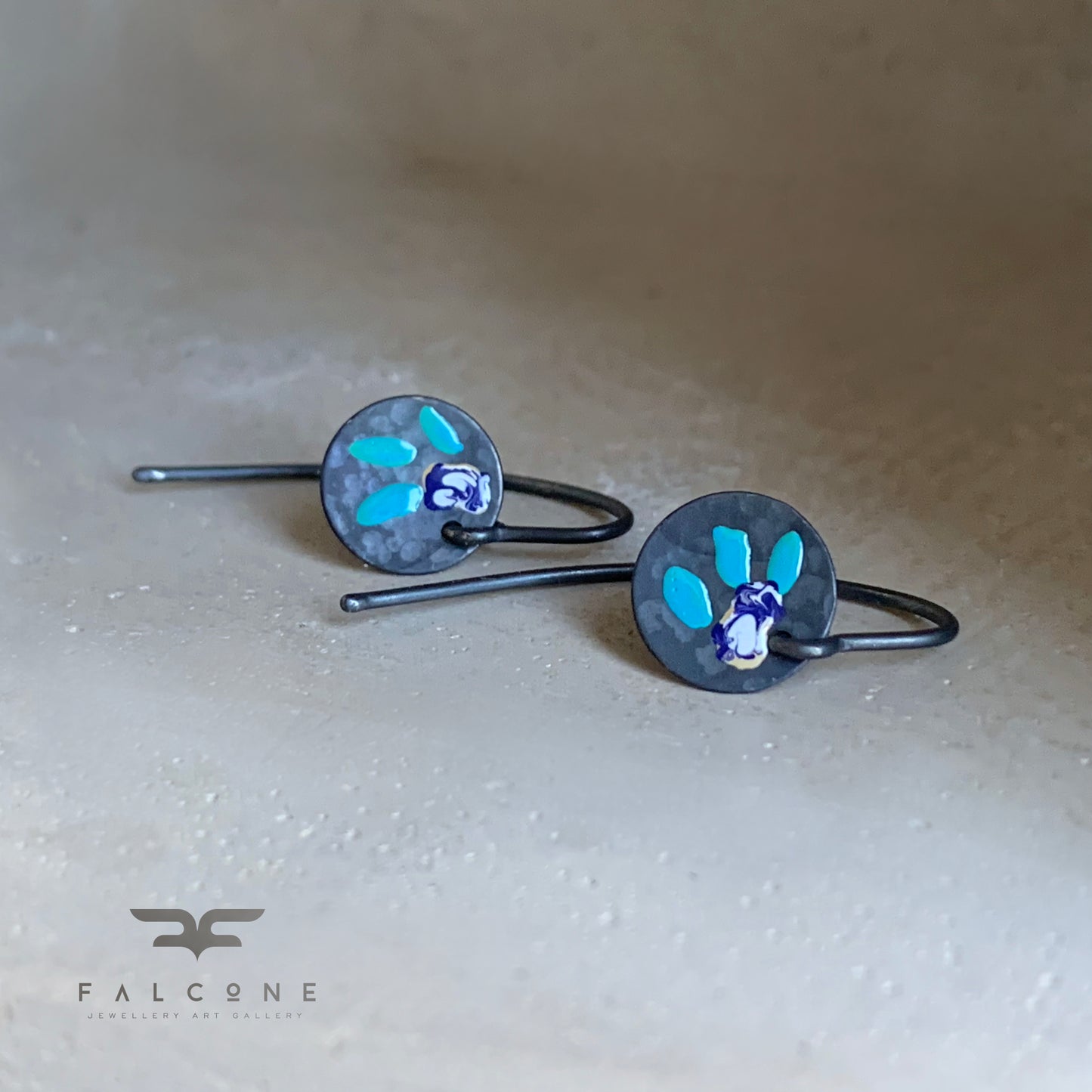 Enamelled Silver Earrings 'Field Flowers – Navy Blue With Milk & Turquoise'