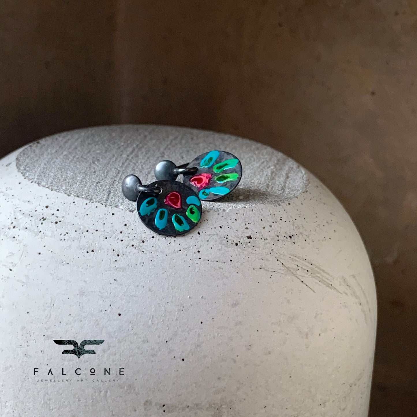 Petite silver earrings with enamel flower 'Field Flowers - Turquoise and Maroon'