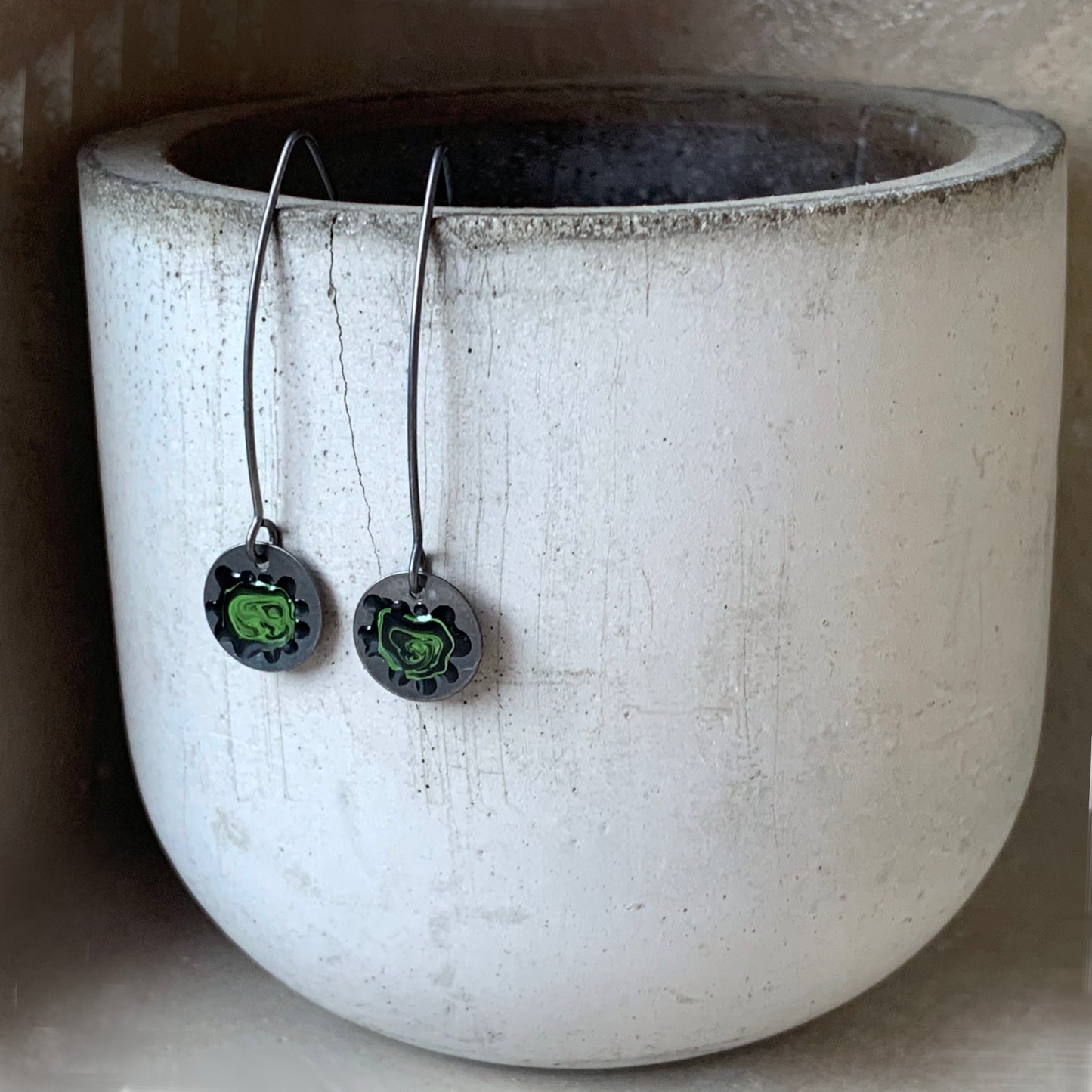 Silver Enamel Earrings 'Wildflowers - Black & Forest Green'