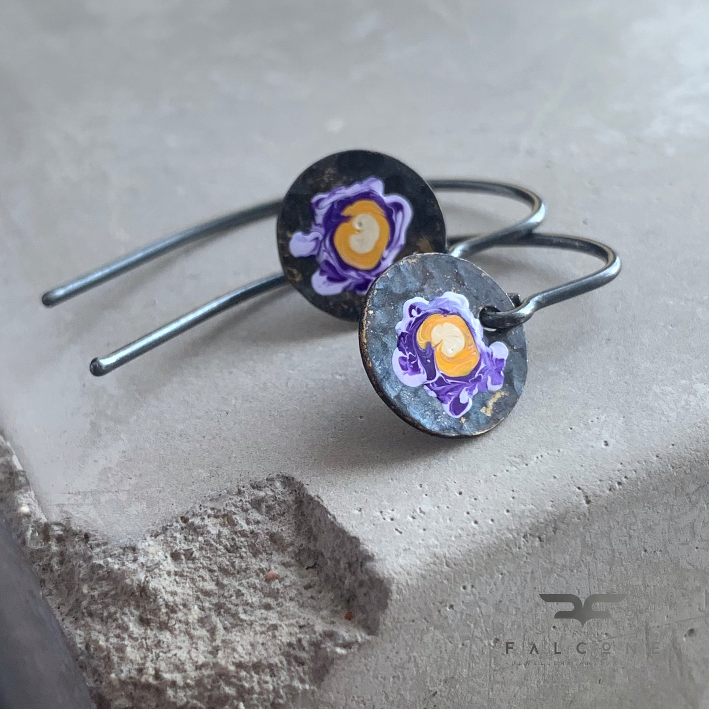 Brass and Sterling Silver Earrings 'Wildflowers - Purple & Ochre'