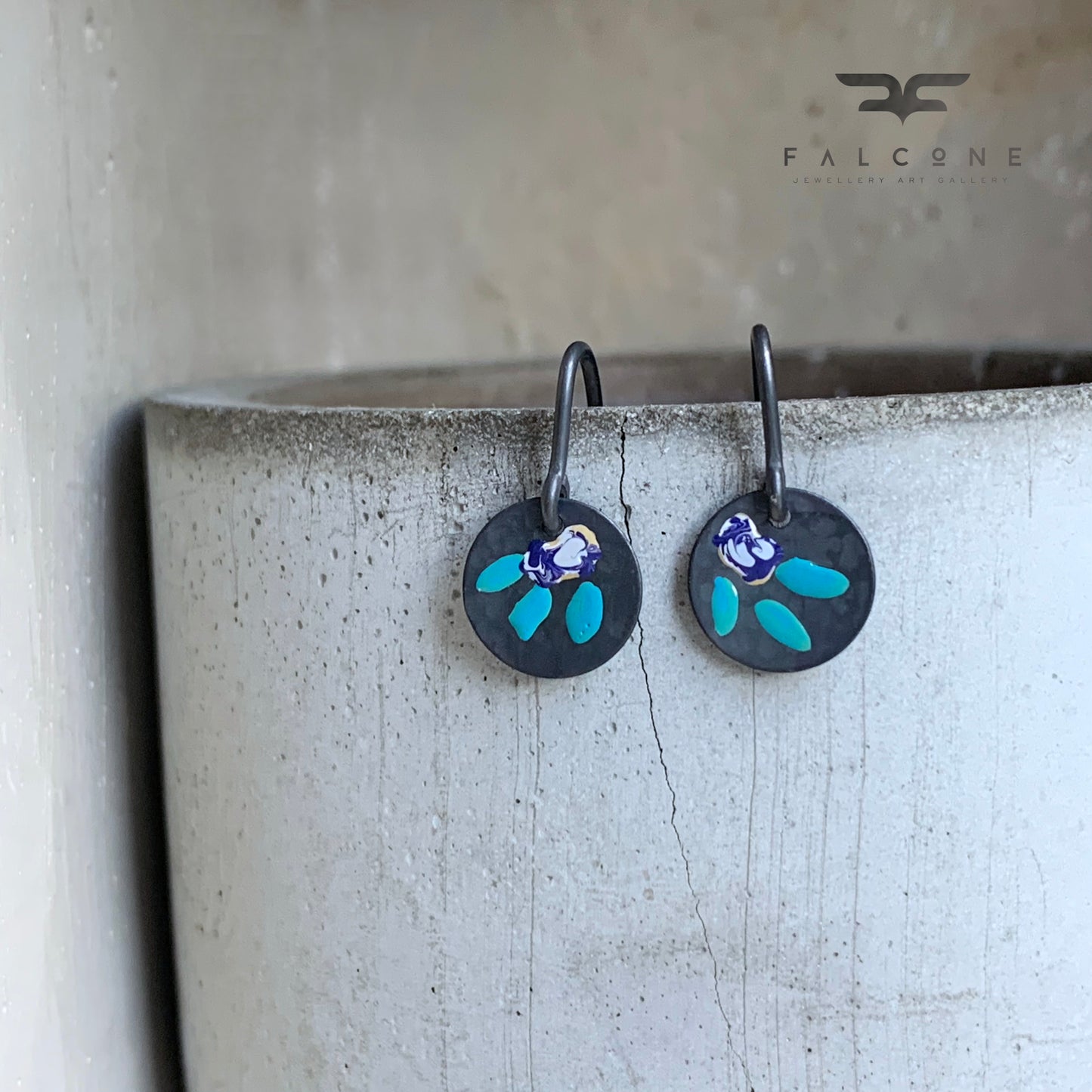 Enamelled Silver Earrings 'Field Flowers – Navy Blue With Milk & Turquoise'