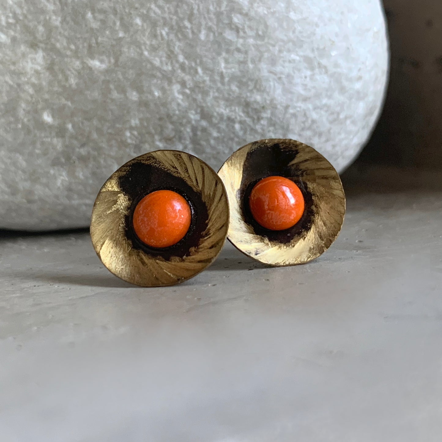 Brass, Sterling Silver and Glass Earrings 'Spinning Orange'