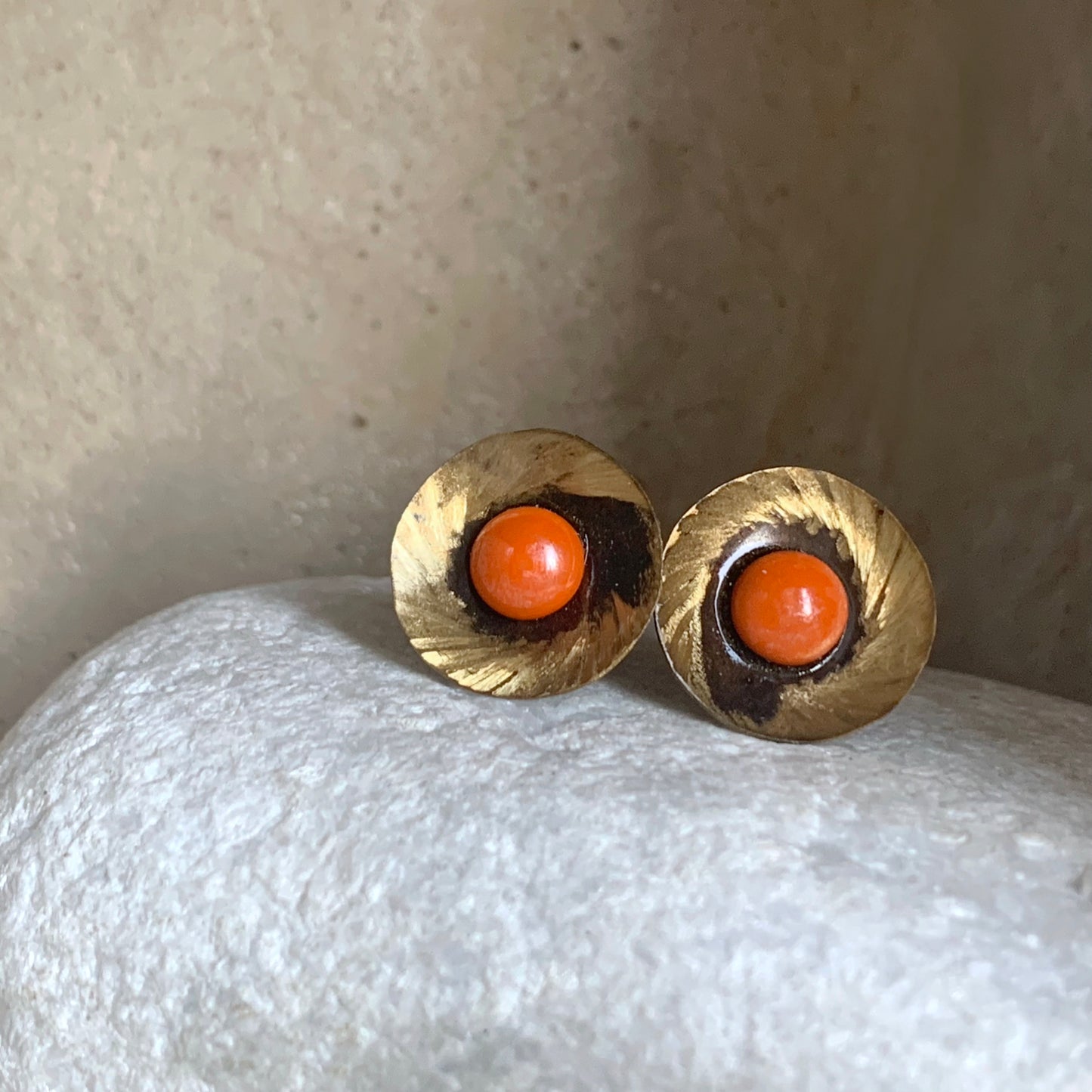 Brass, Sterling Silver and Glass Earrings 'Spinning Orange'