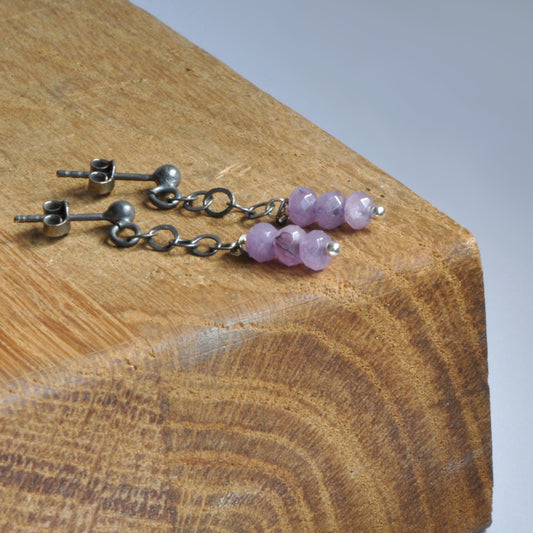 Silver stud earrings with chain and jade rondelles 'Lavender Provence'