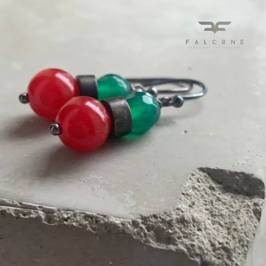 Agate, Onyx, Brass and Sterling Silver Earrings 'Red & Green'