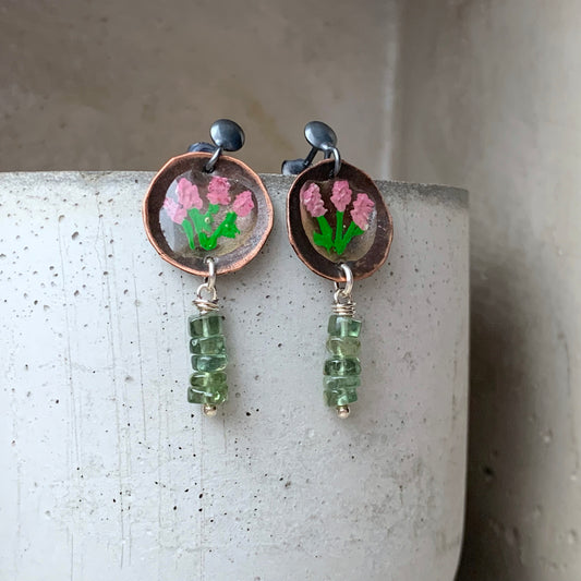 Copper and silver stud earrings with enameled flowers and discs of peridots 'Flowers in Peridots'