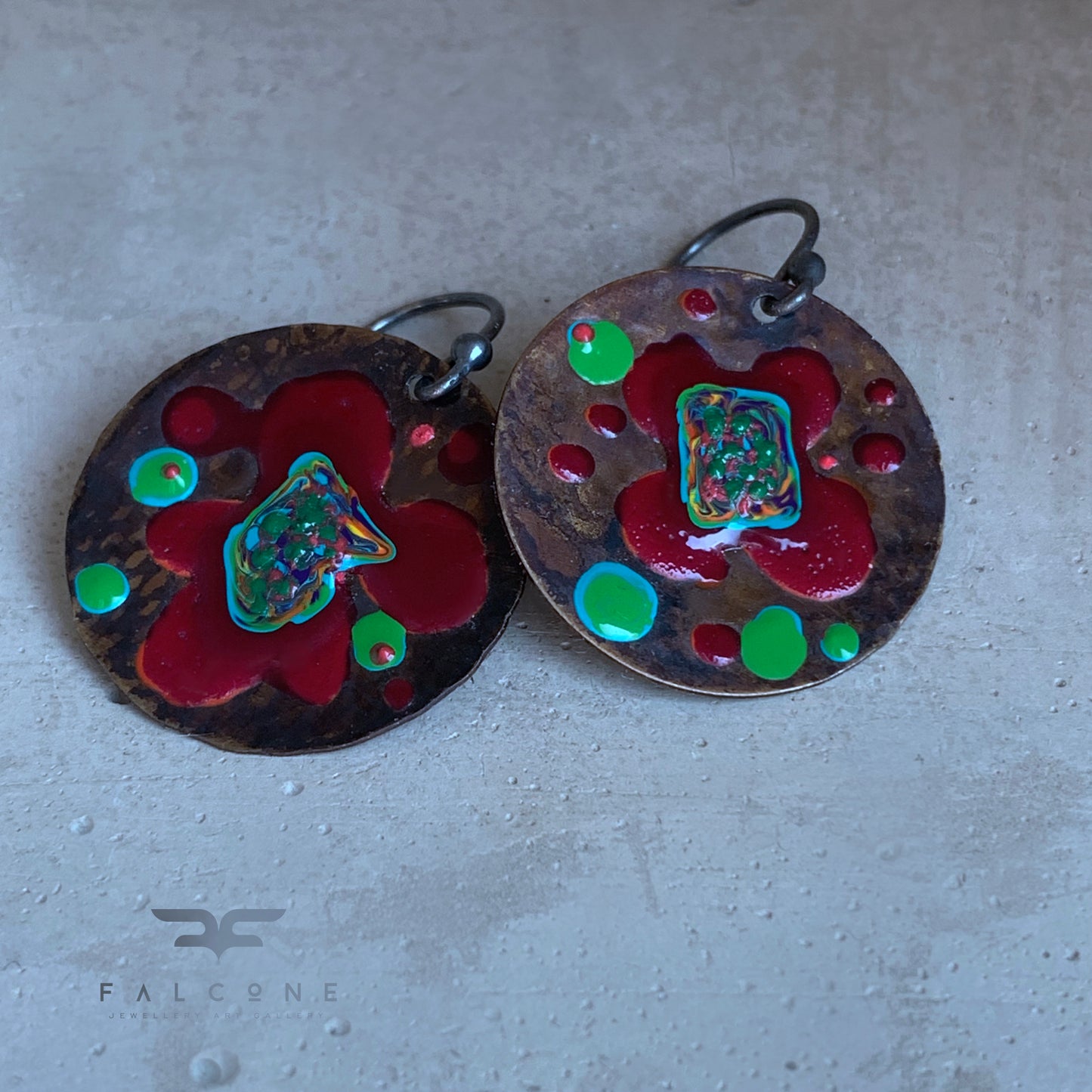 Brass and Sterling Silver Earrings 'Exotic Flower - Dark Ruby & Turquoise Green'
