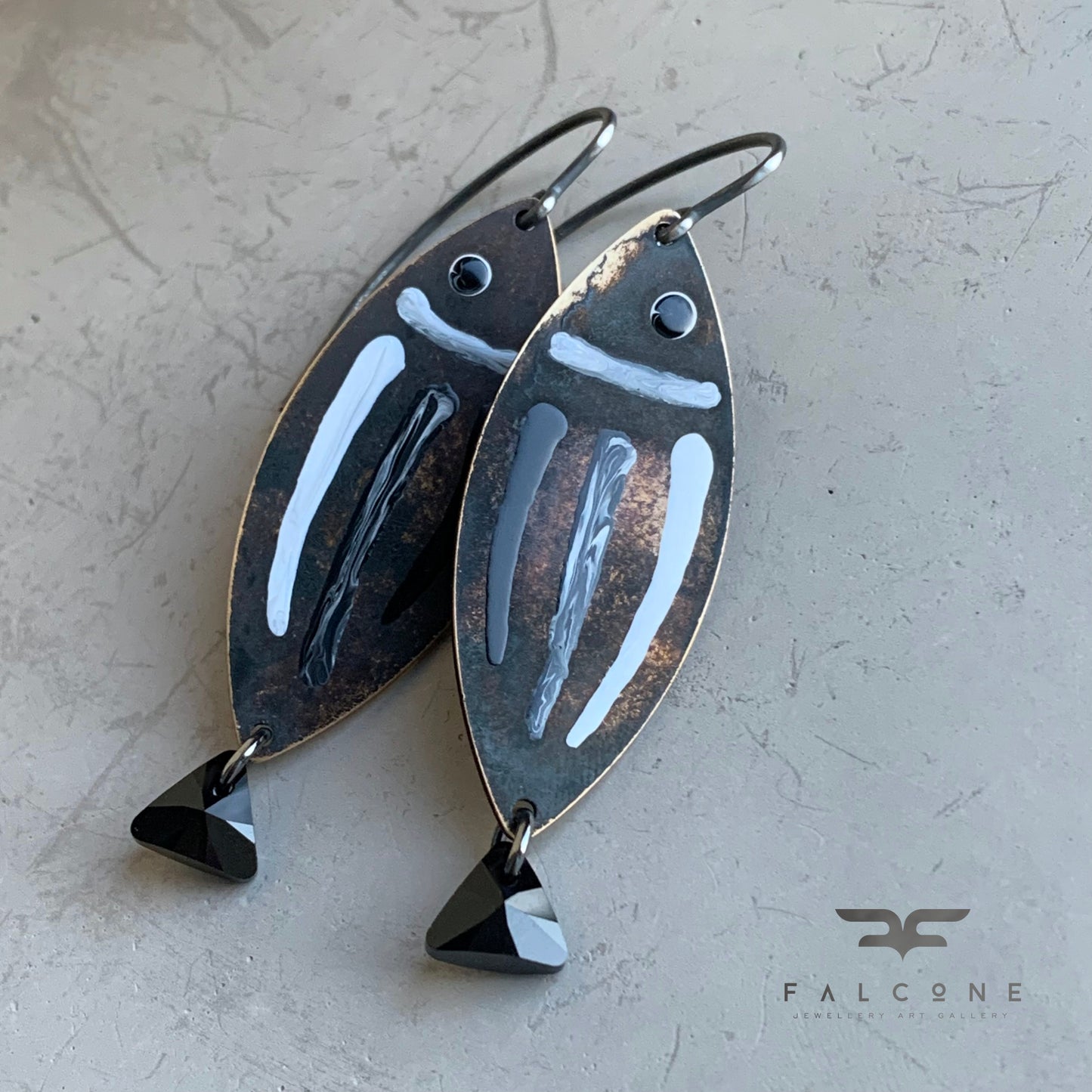 Brass, Sterling Silver, and Swarovski Crystal Earrings 'White & Black – Fish with Black Tail'