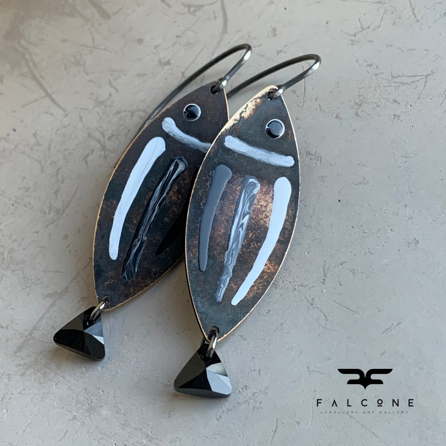 Brass, Sterling Silver, and Swarovski Crystal Earrings 'White & Black – Fish with Black Tail'