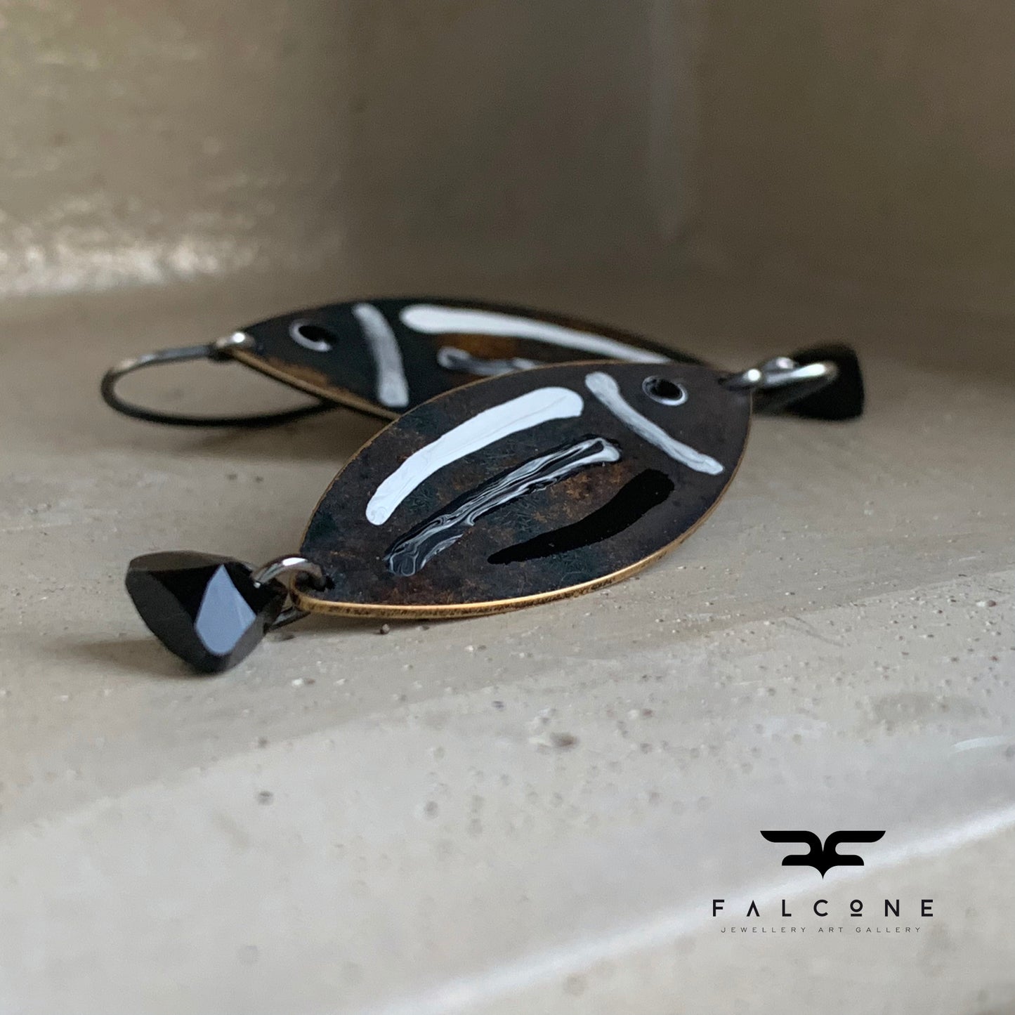 Brass, Sterling Silver, and Swarovski Crystal Earrings 'White & Black – Fish with Black Tail'
