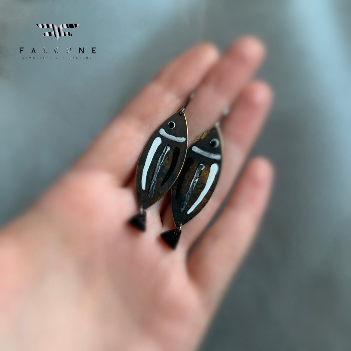 Brass, Sterling Silver, and Swarovski Crystal Earrings 'White & Black – Fish with Black Tail'