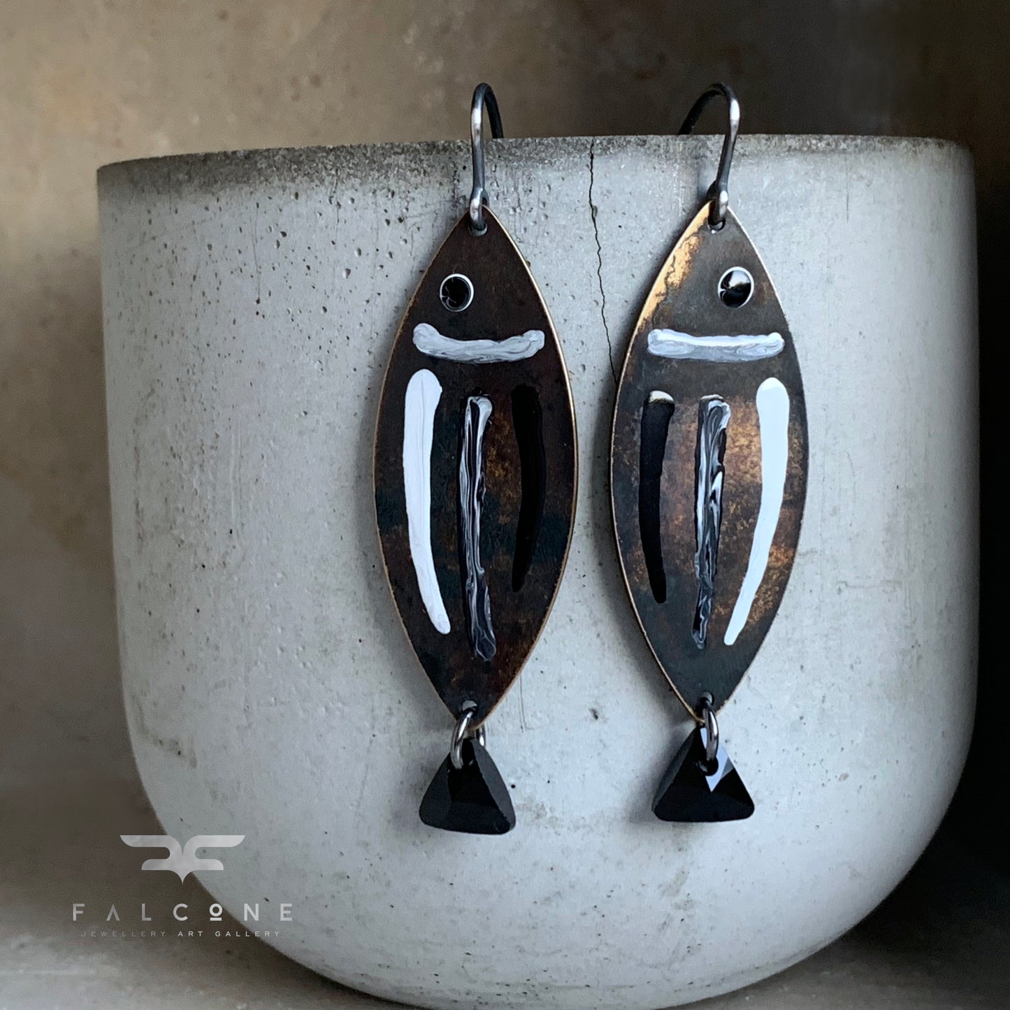 Brass, Sterling Silver, and Swarovski Crystal Earrings 'White & Black – Fish with Black Tail'