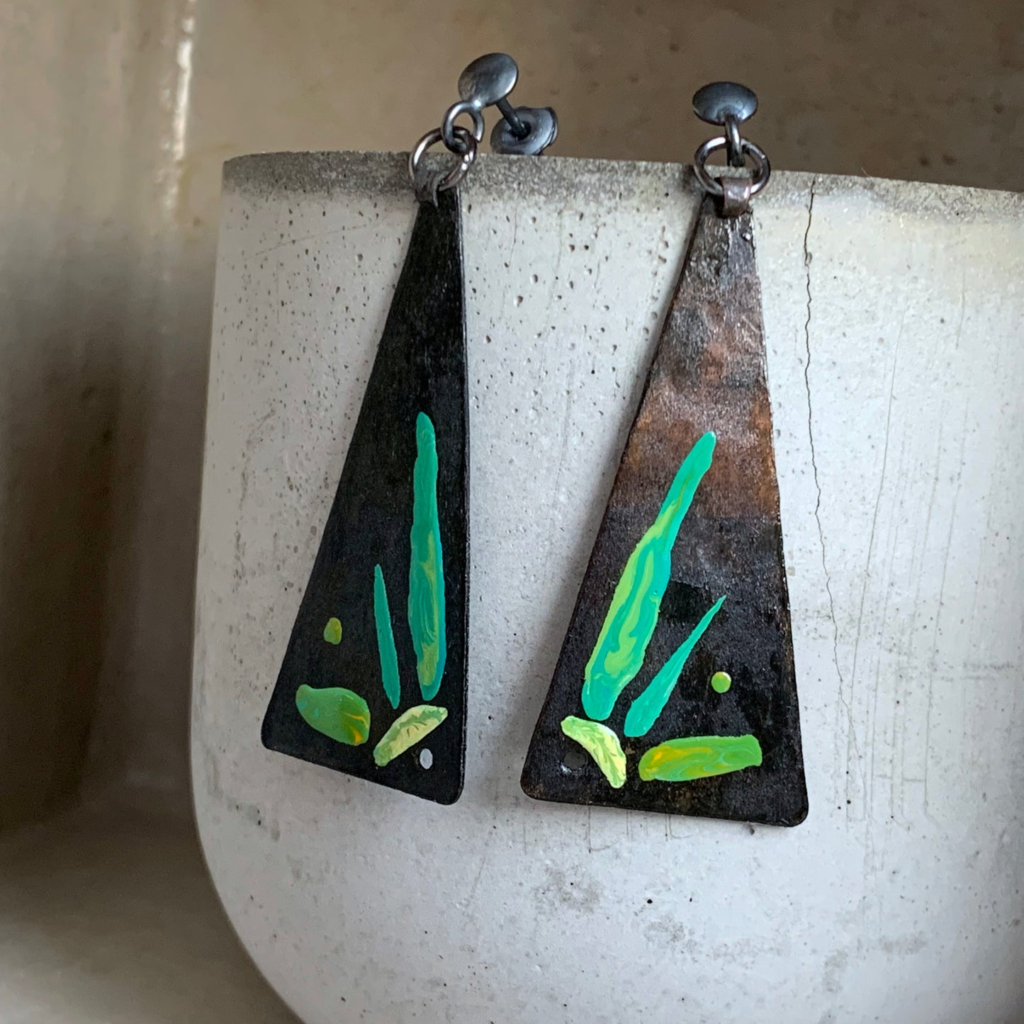 Copper and silver earrings with enamel 'Fish from Lake Tanganyika'