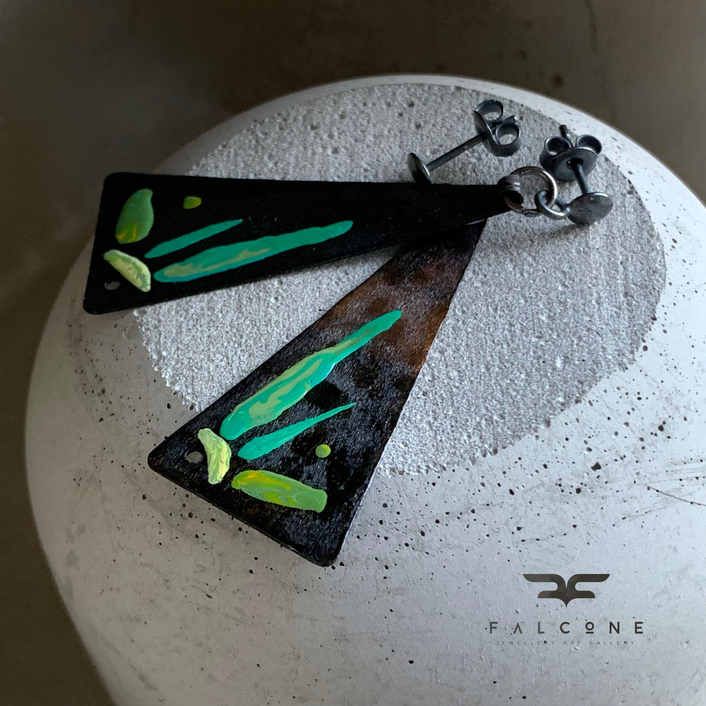 Copper and silver earrings with enamel 'Fish from Lake Tanganyika'