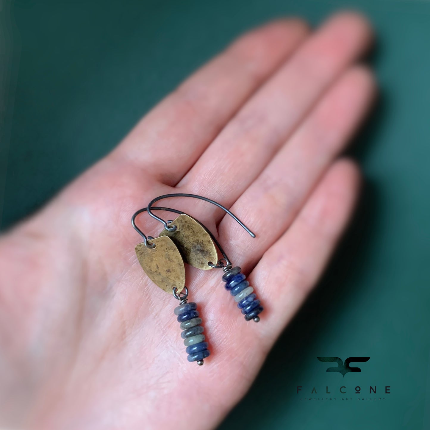 Earrings in brass, silver & natural stone 'With Sodalite Bands'