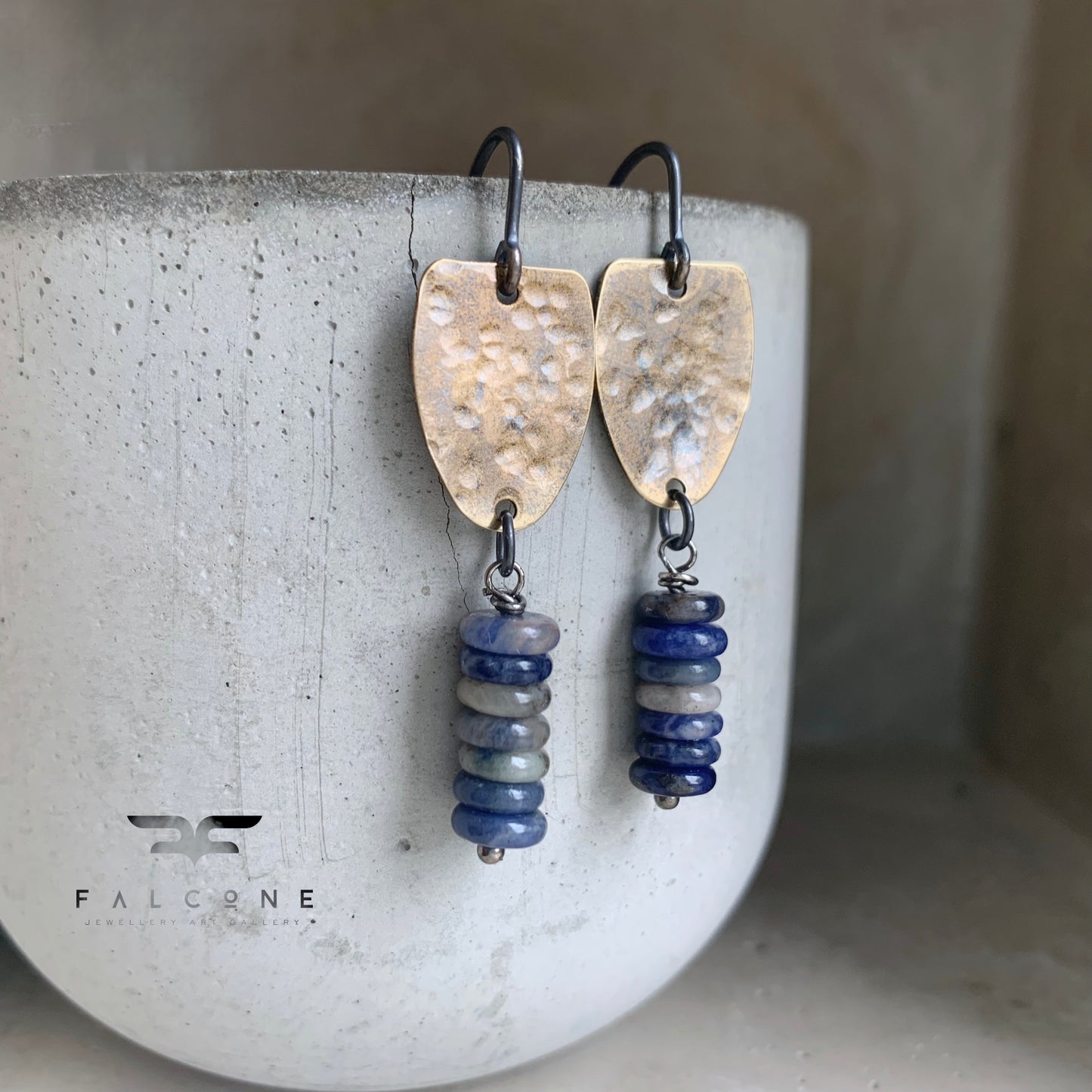 Earrings in brass, silver & natural stone 'With Sodalite Bands'