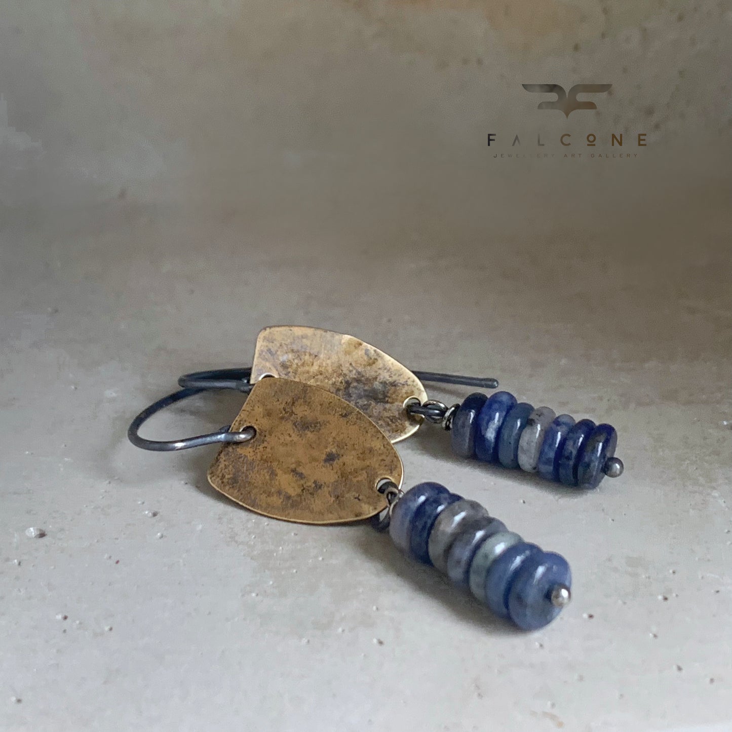 Earrings in brass, silver & natural stone 'With Sodalite Bands'