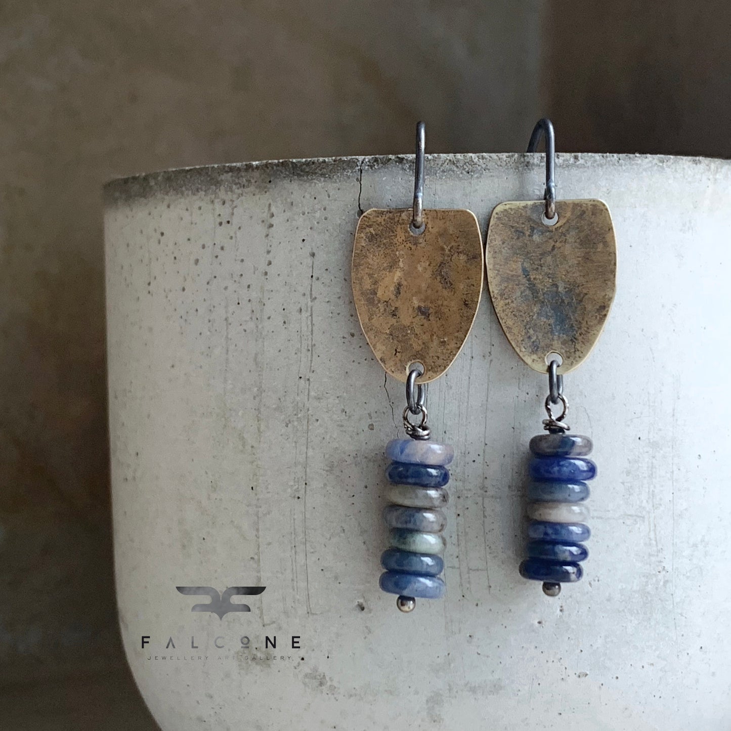 Earrings in brass, silver & natural stone 'With Sodalite Bands'