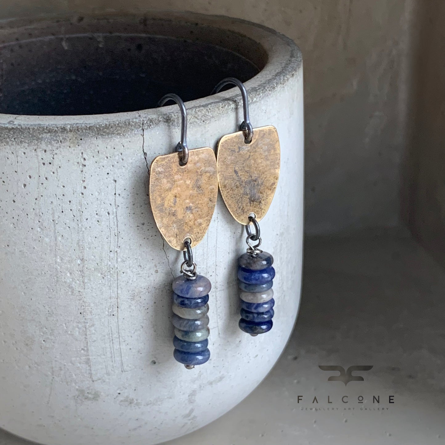 Earrings in brass, silver & natural stone 'With Sodalite Bands'