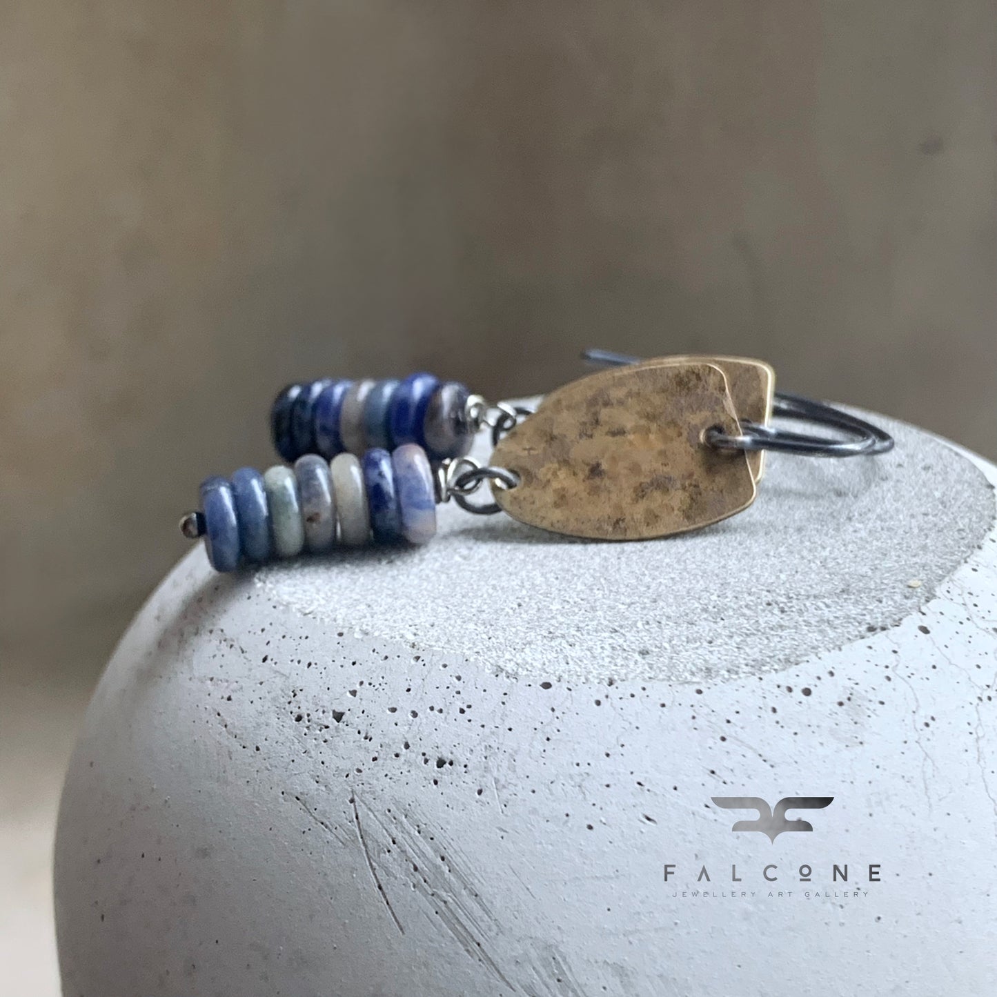 Earrings in brass, silver & natural stone 'With Sodalite Bands'