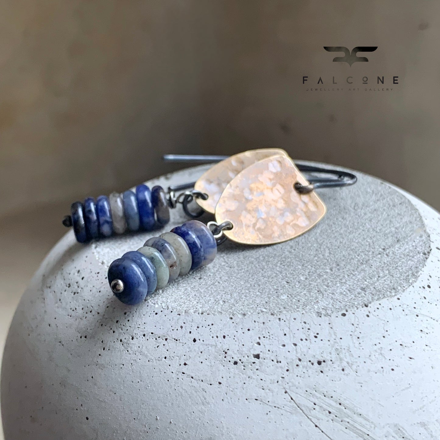 Earrings in brass, silver & natural stone 'With Sodalite Bands'