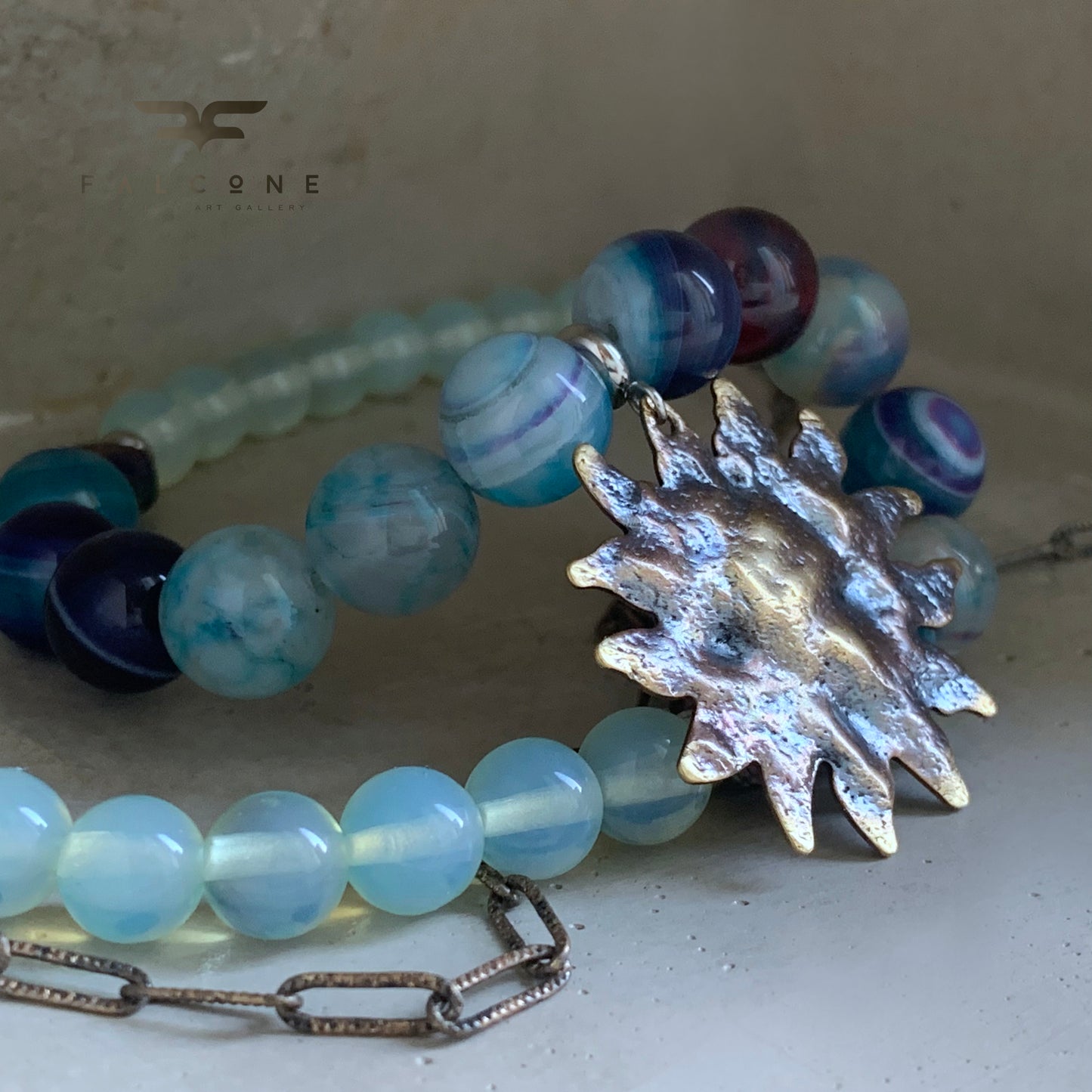 Brass & silver necklace with agates, hematites and opalites 'Sun Zen'