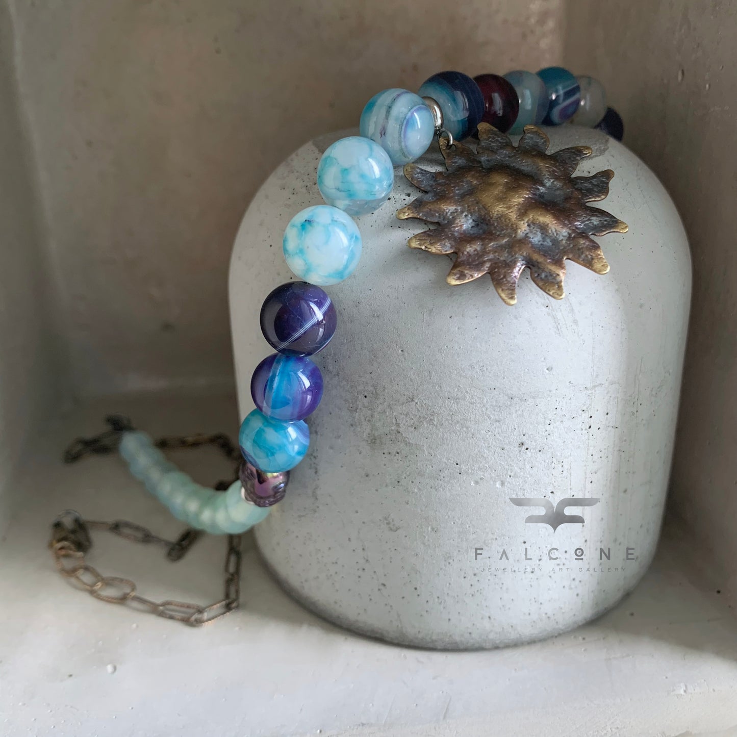 Brass & silver necklace with agates, hematites and opalites 'Sun Zen'