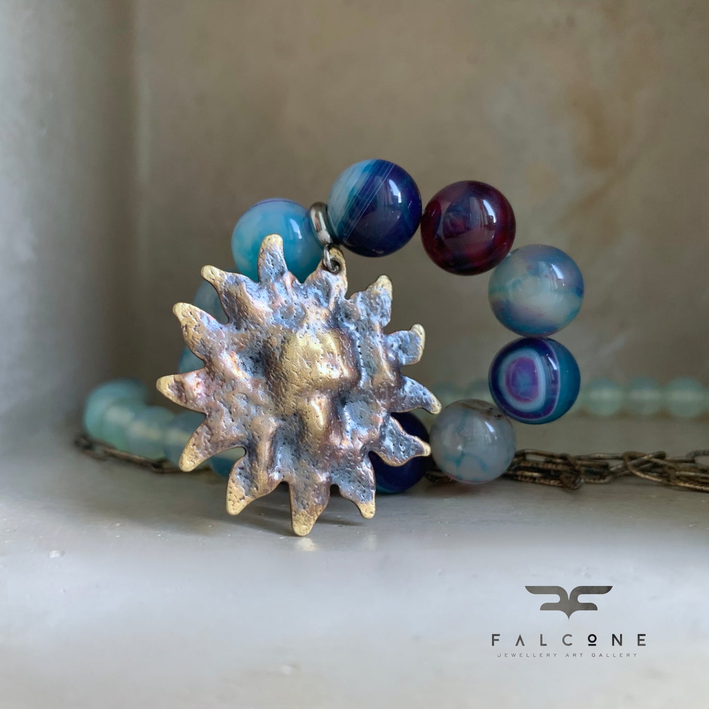Brass & silver necklace with agates, hematites and opalites 'Sun Zen'