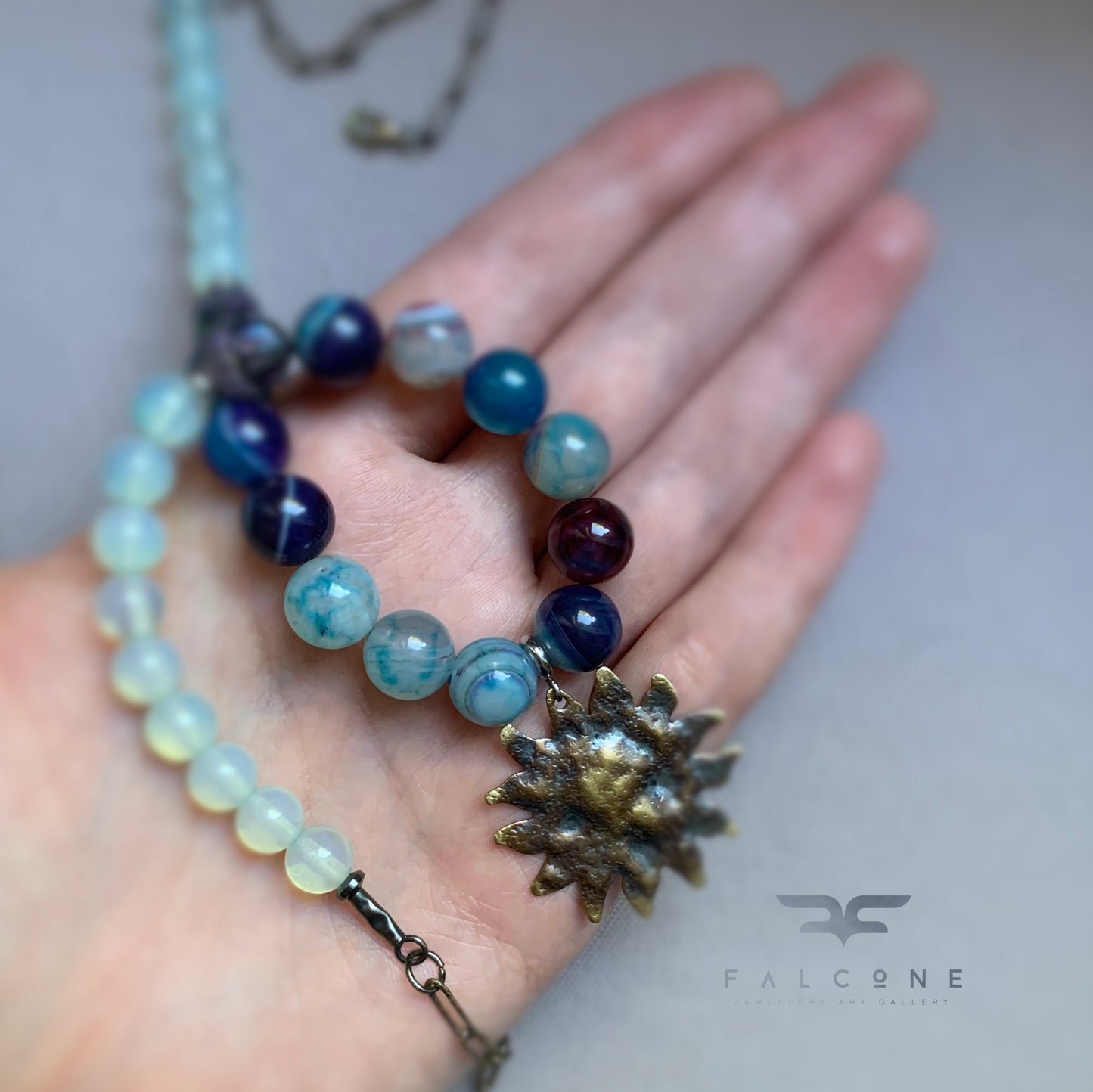 Brass & silver necklace with agates, hematites and opalites 'Sun Zen'