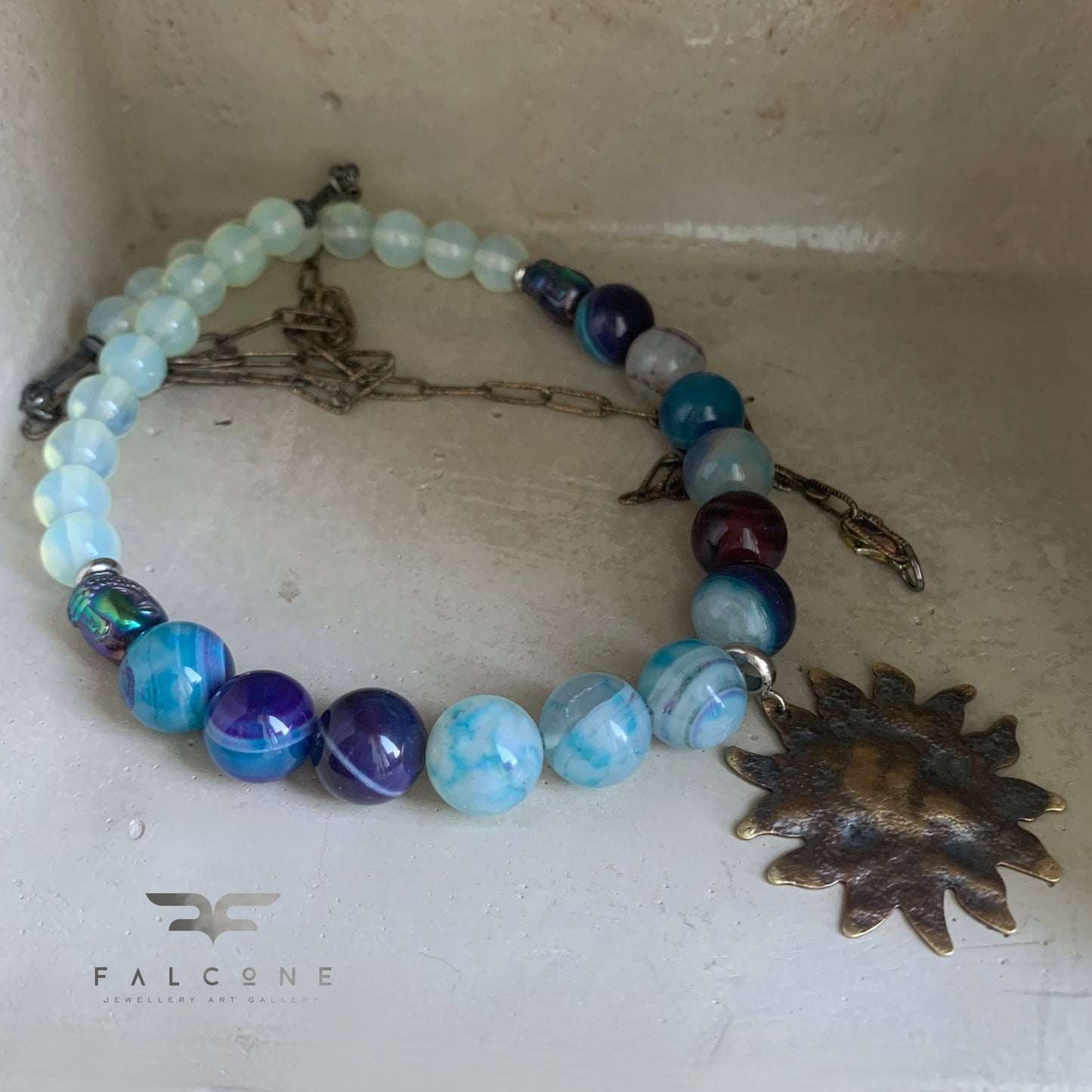 Brass & silver necklace with agates, hematites and opalites 'Sun Zen'