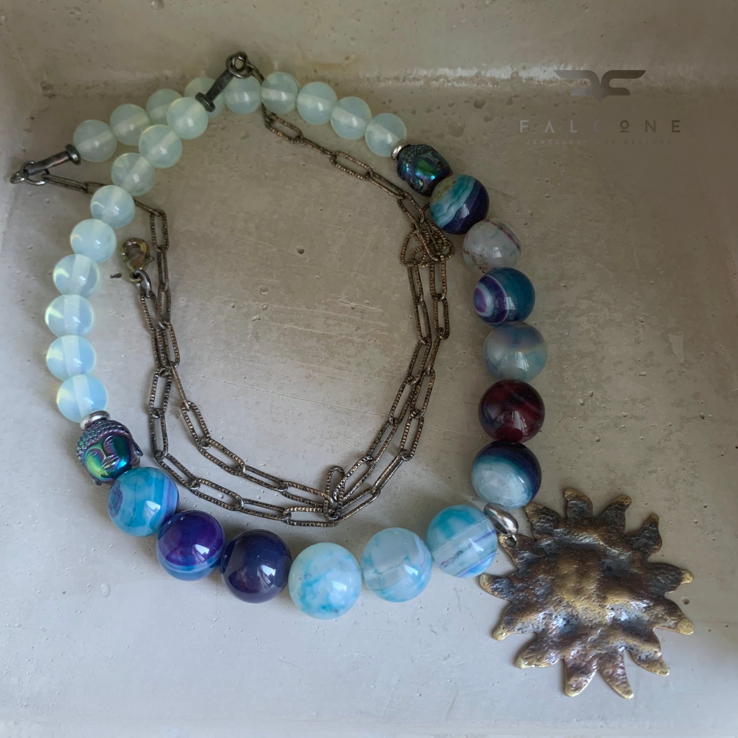 Brass & silver necklace with agates, hematites and opalites 'Sun Zen'