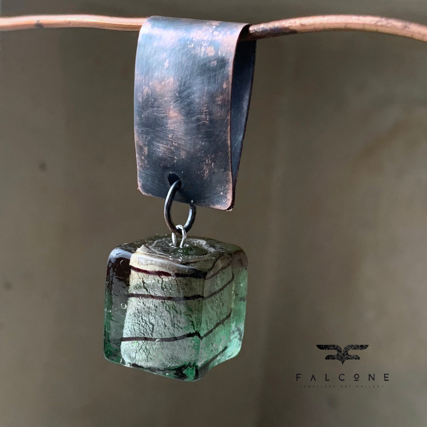 Venetian glass pendant framed in silver and copper 'Cube'