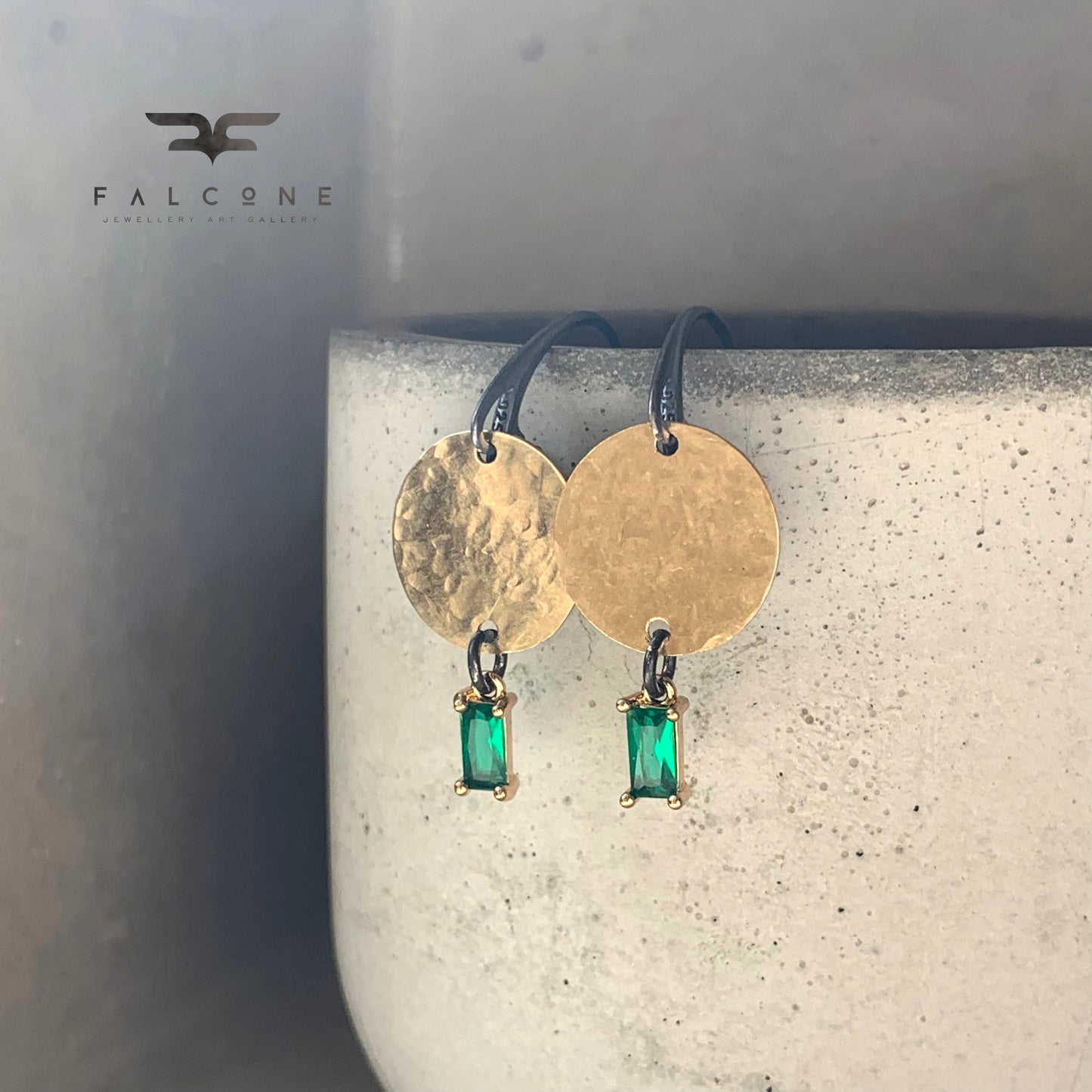 Earrings made of silver, brass and glass 'Emerald Green'