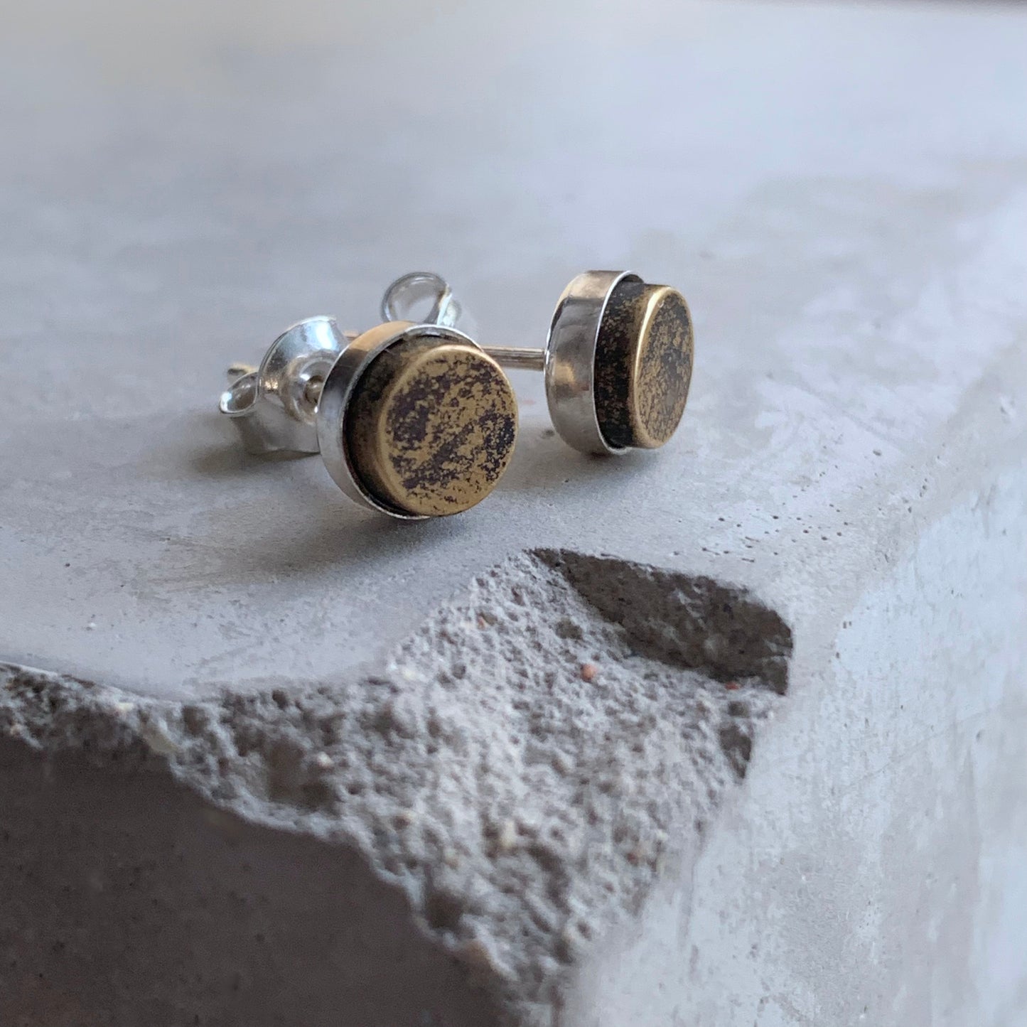 Stud Earrings 'Silver & Brass - Brown'