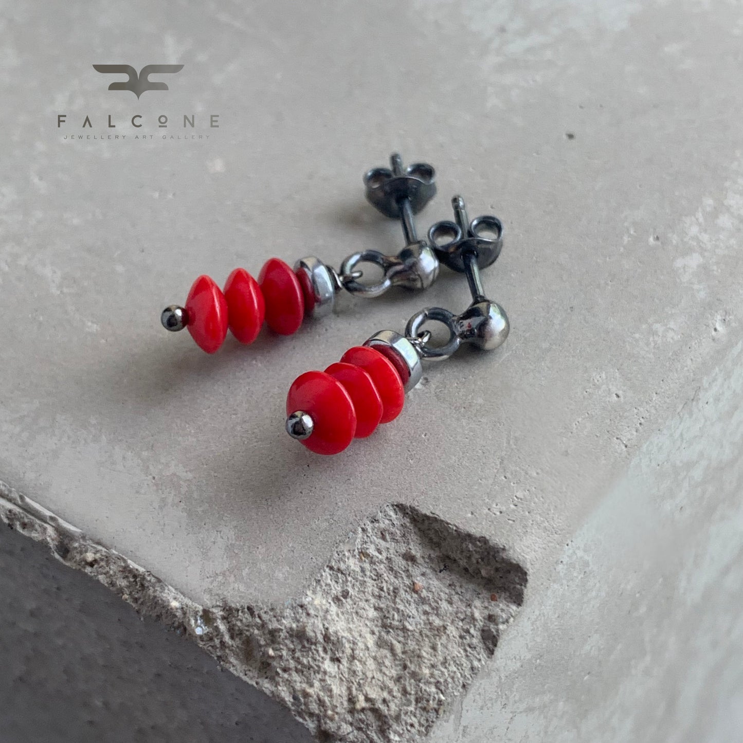Silver stud earrings 'Autumn with Coral'