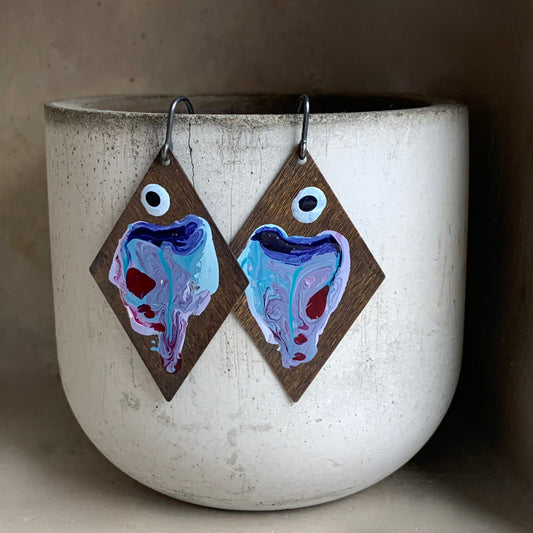 Brass and Sterling Silver Earrings 'Big Fish - Blue With Ruby Accent'