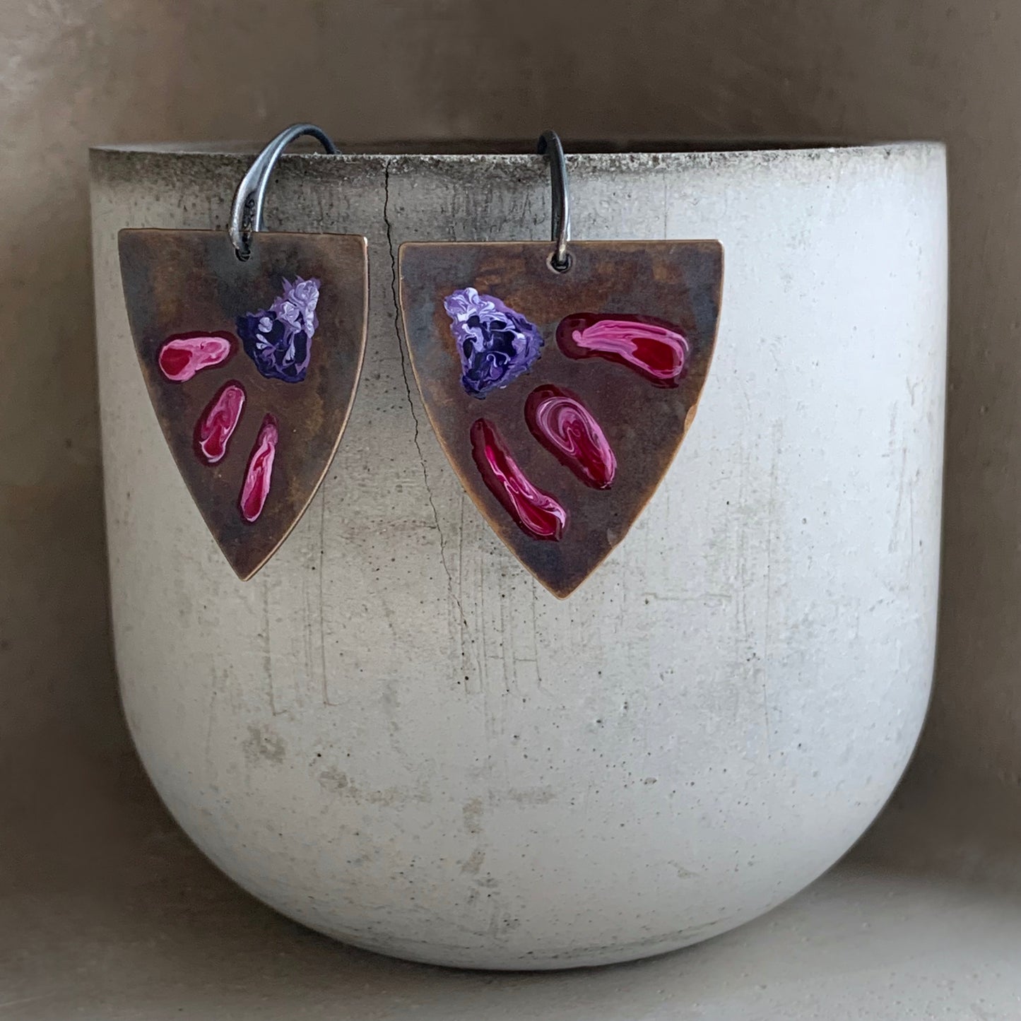 Brass and Sterling Silver Earrings 'Triangle with Exotic Flowers - Ruby & Purple'