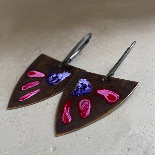 Brass and Sterling Silver Earrings 'Triangle with Exotic Flowers - Ruby & Purple'