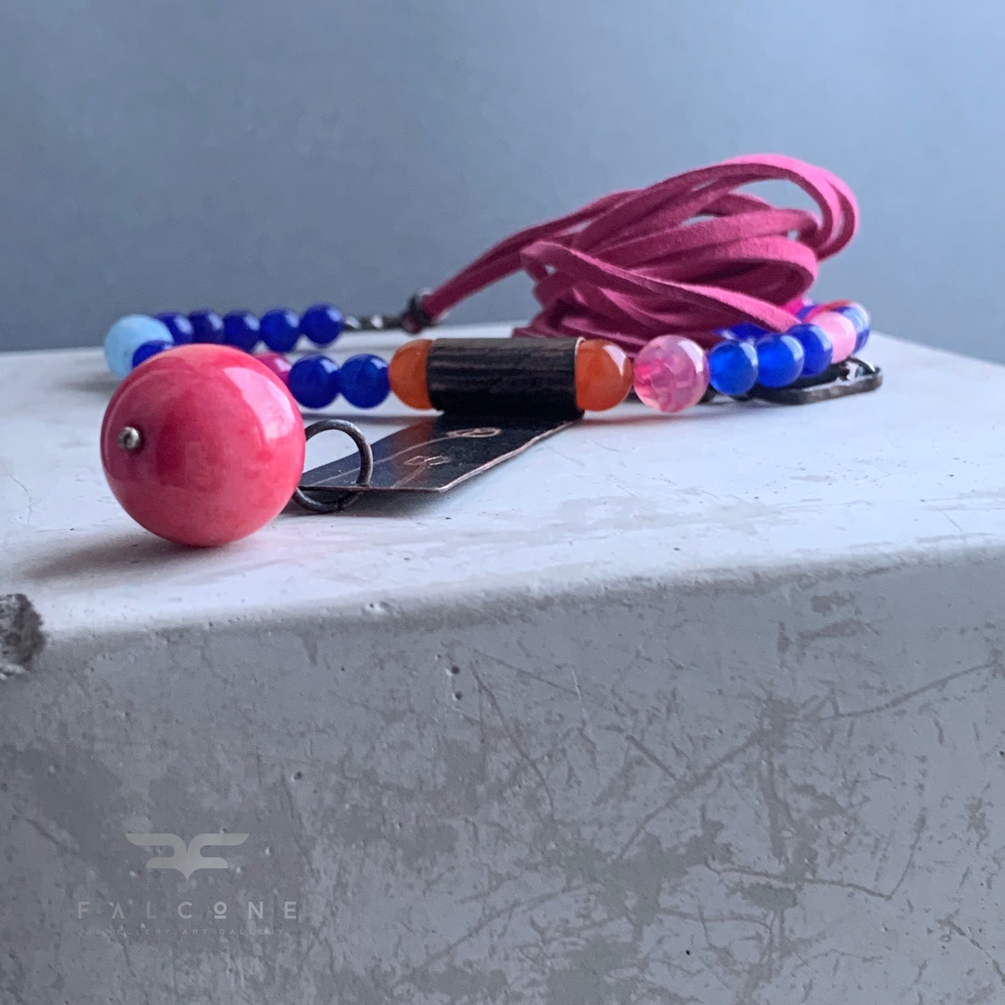 Necklace made of minerals, copper and silver with copper jade ball pendant 'Raspberry Tulips'