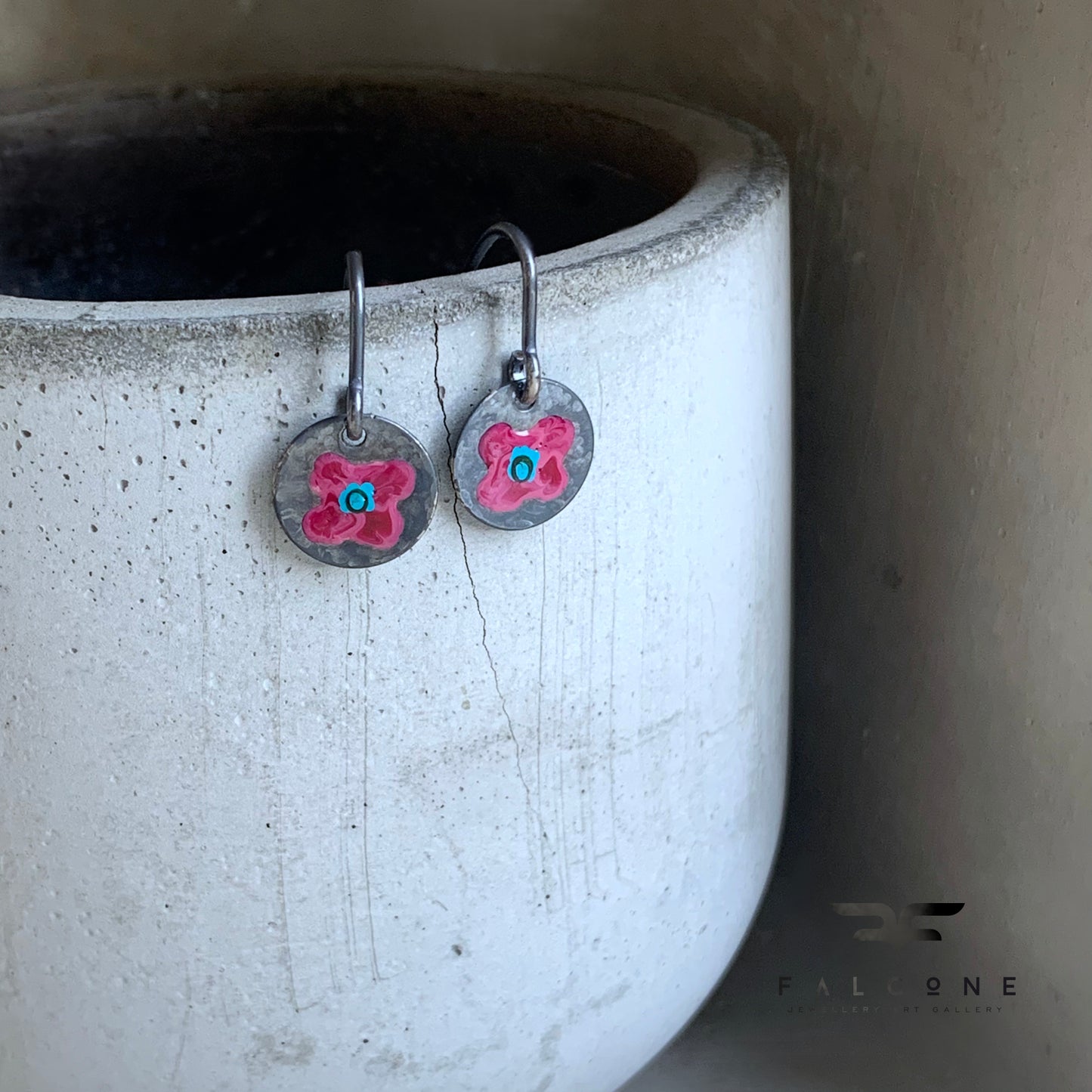 Enameled silver earrings 'Field Flowers - Burgundy & Turquoise'