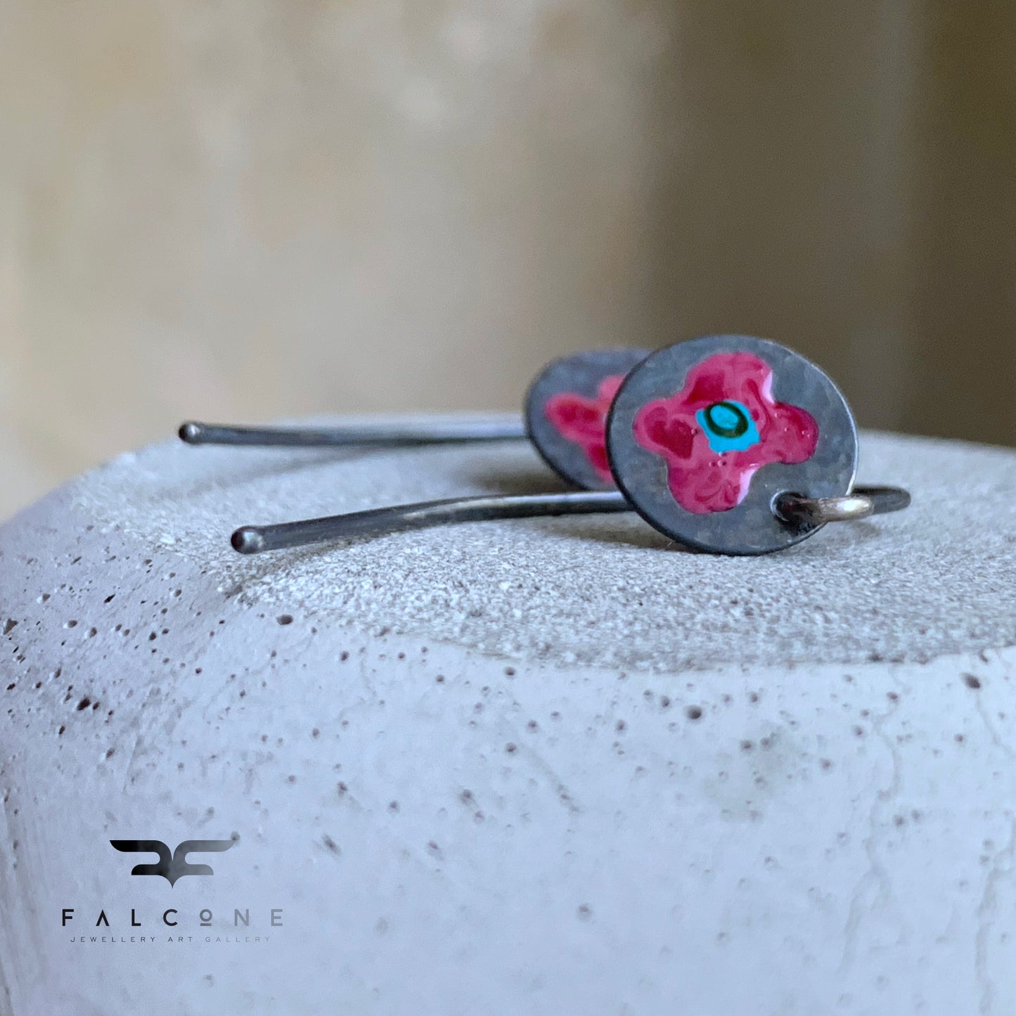 Enameled silver earrings 'Field Flowers - Burgundy & Turquoise'