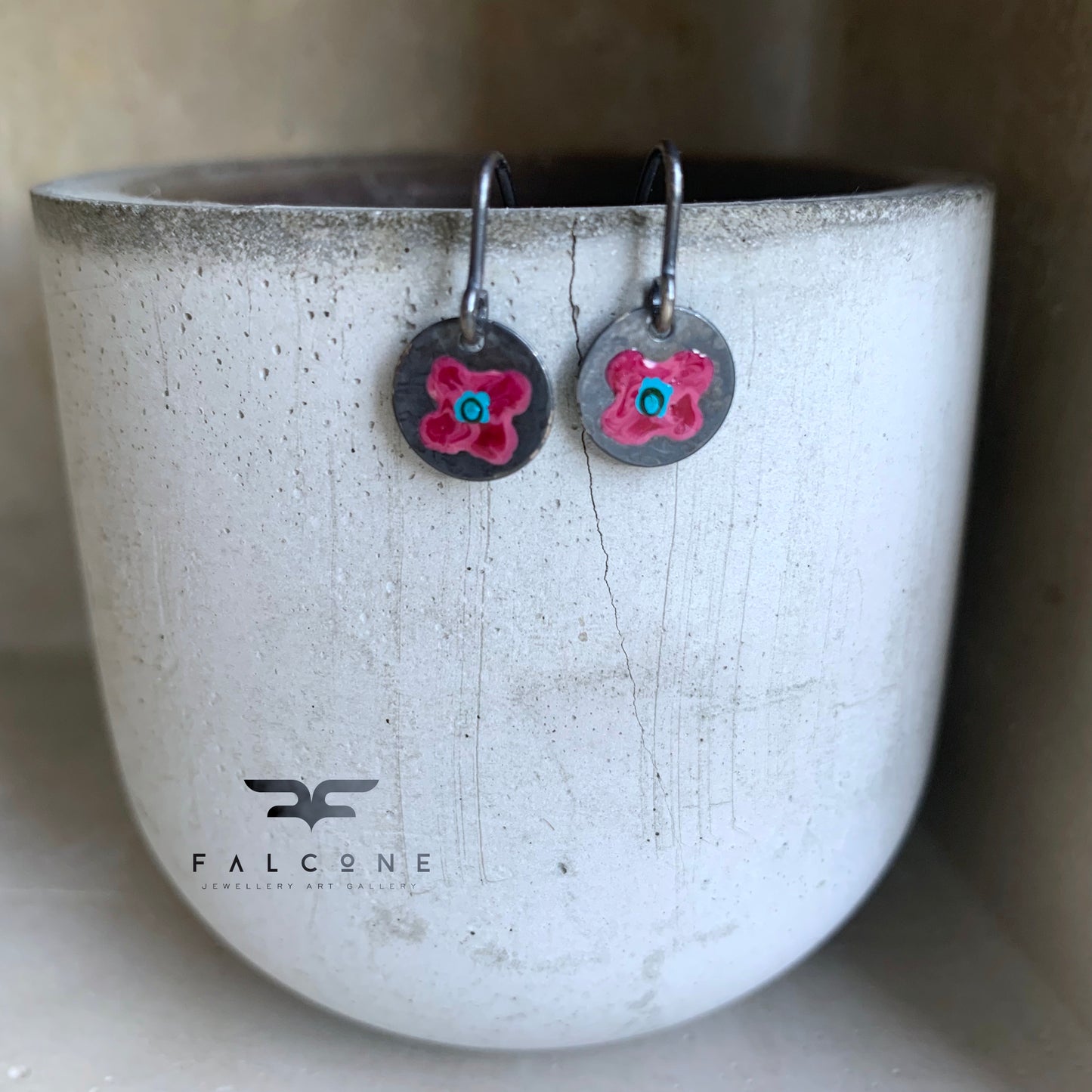 Enameled silver earrings 'Field Flowers - Burgundy & Turquoise'